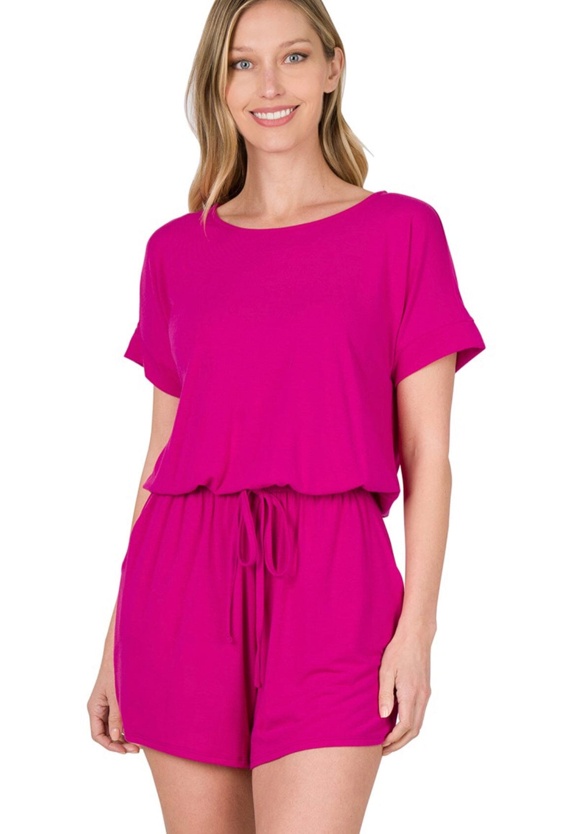 Magenta Short Sleeve Tie Back Romper Jumpsuit & Rompers Zenana 