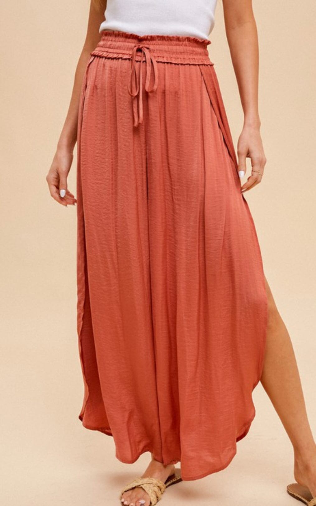Terracotta Split Hem Elastic Waistband Pants Bottoms Hem & Thread 