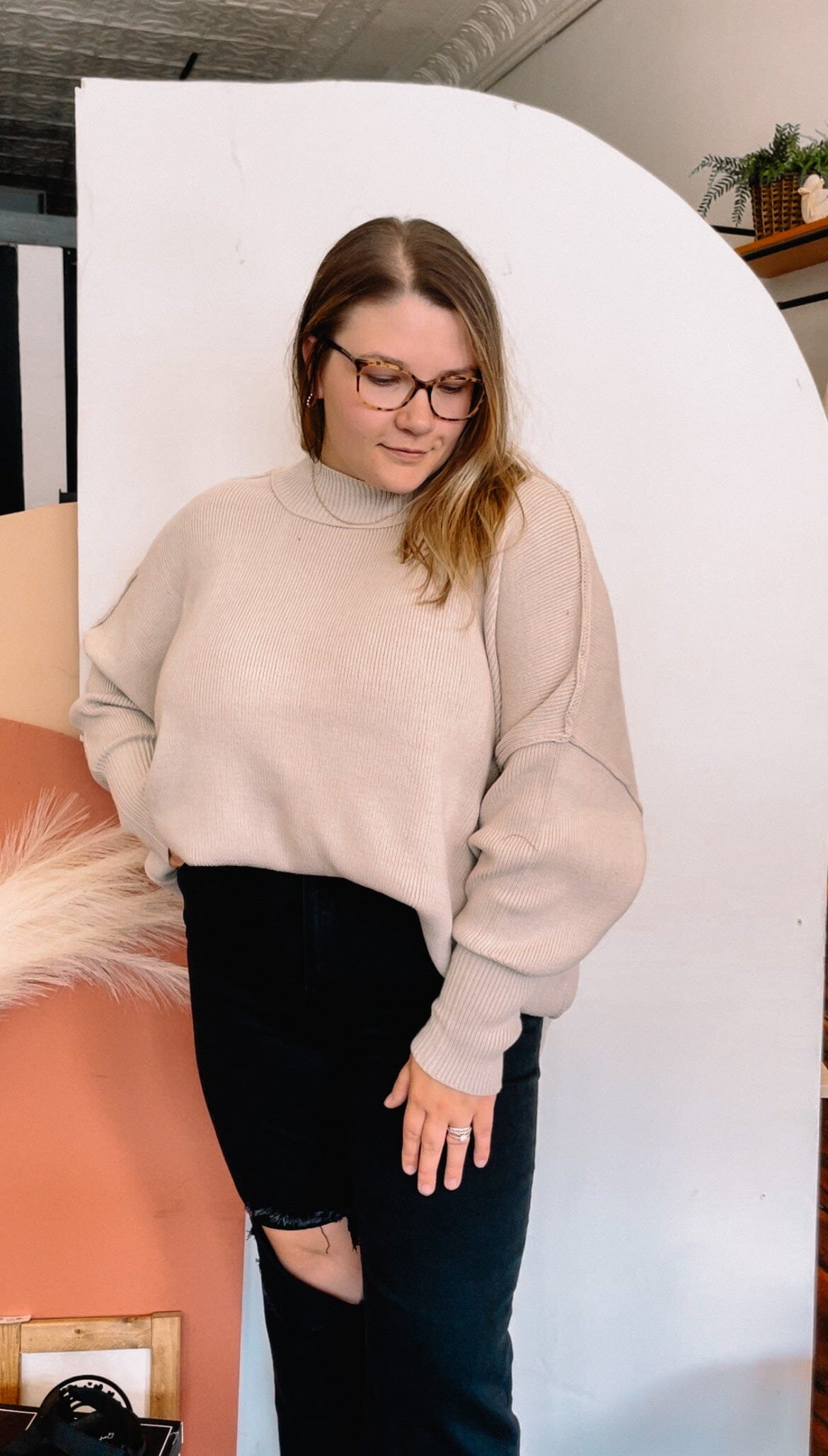 Sand Beige Side Slit Oversized Sweater The Humming Arrow Boutique