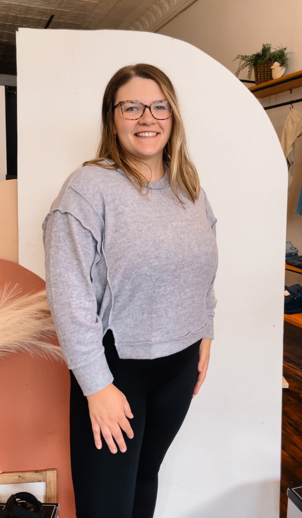 Heather Grey Hacci Knit Sweater Long sleeve Zenana 