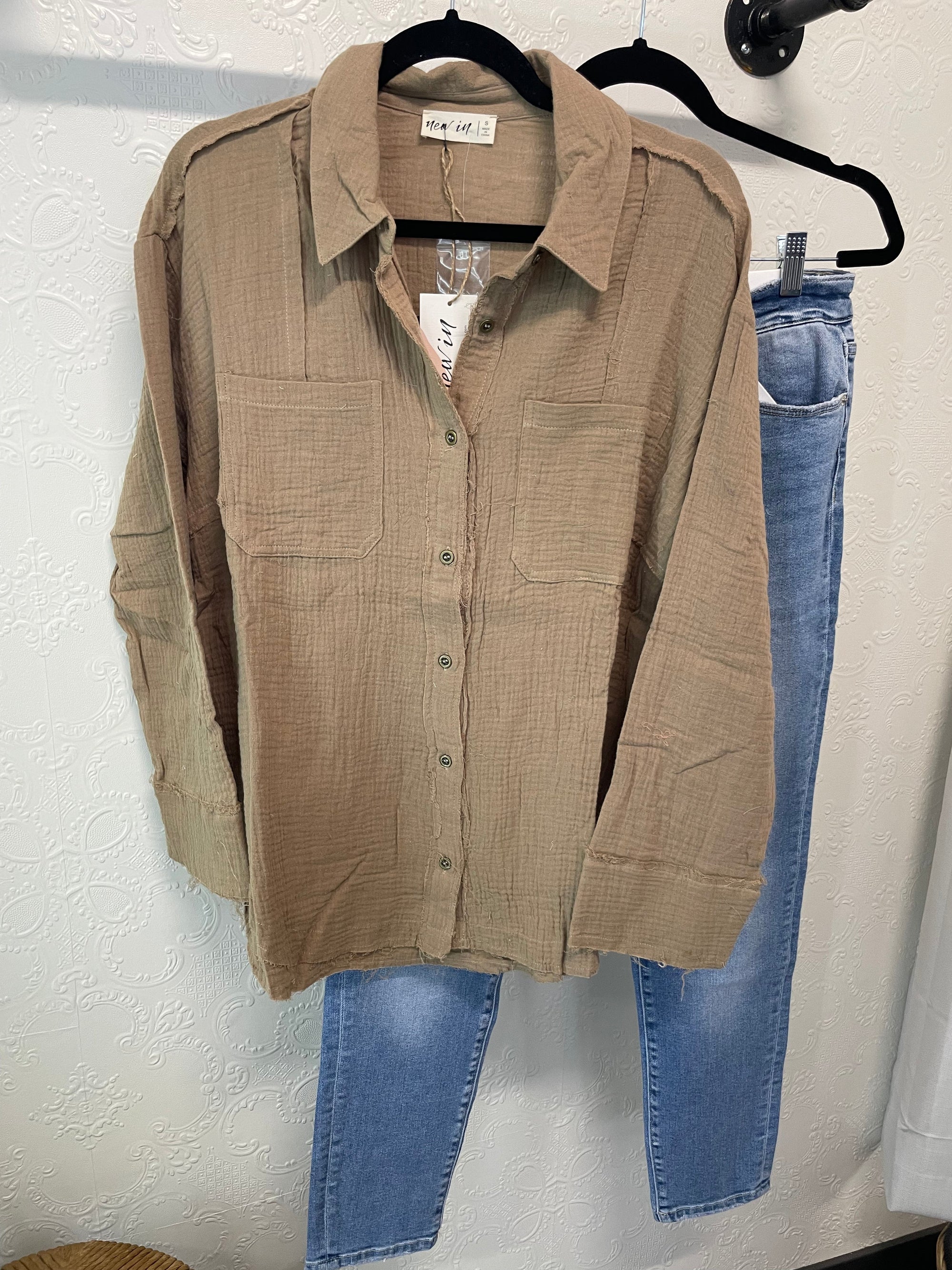 Lightweight Gauze Raw Hem Button Down Shirt Cardigan Very J Small Mocha 