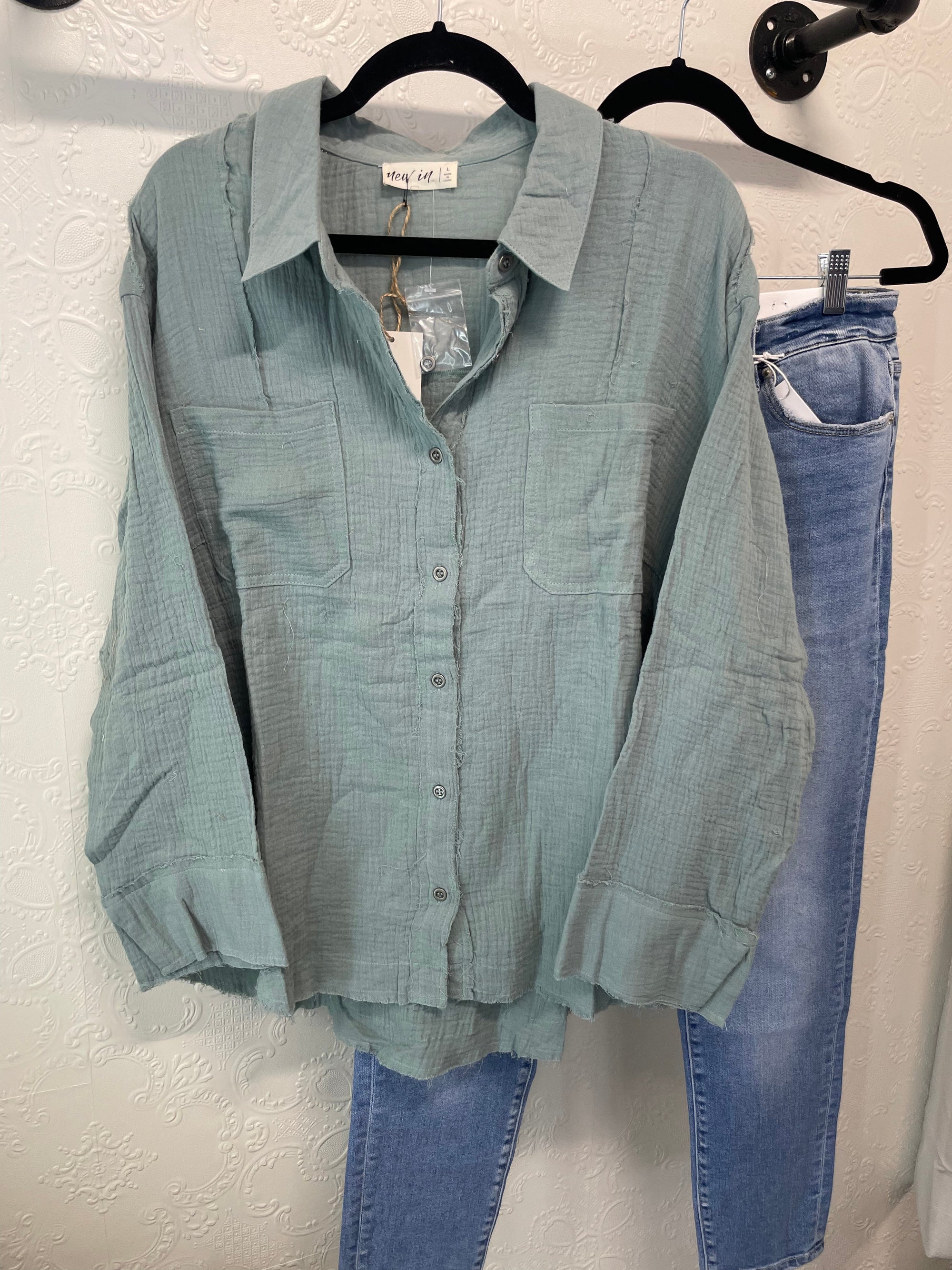 Lightweight Gauze Raw Hem Button Down Shirt Cardigan Very J Small Sage 