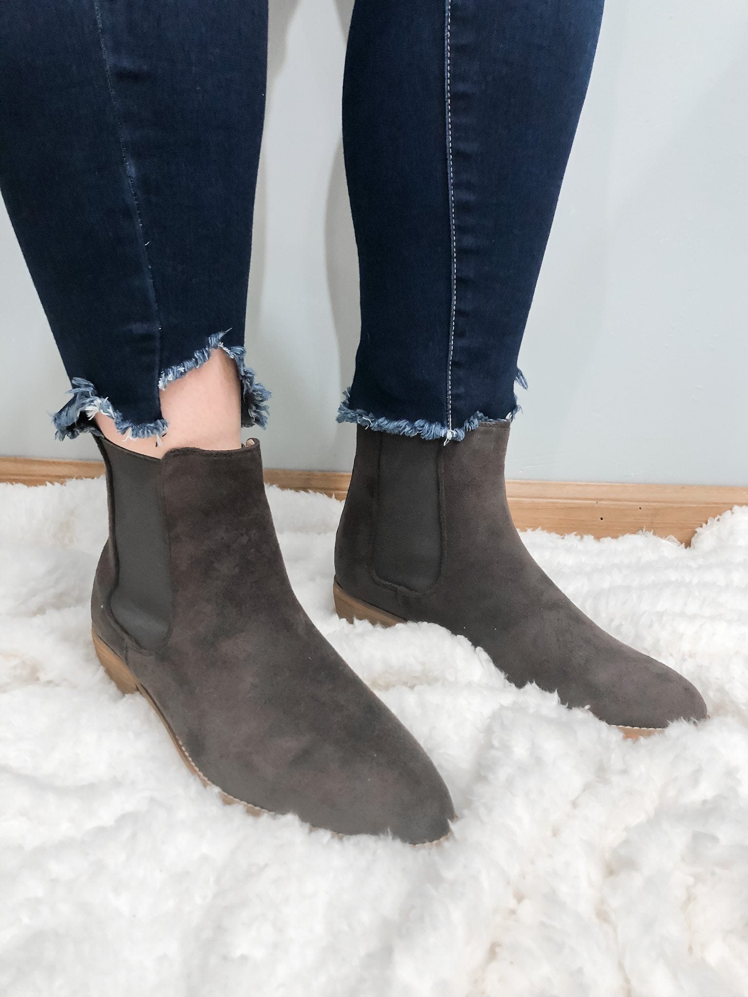 The Chase Charcoal Grey Suede Bootie The Humming Arrow Boutique