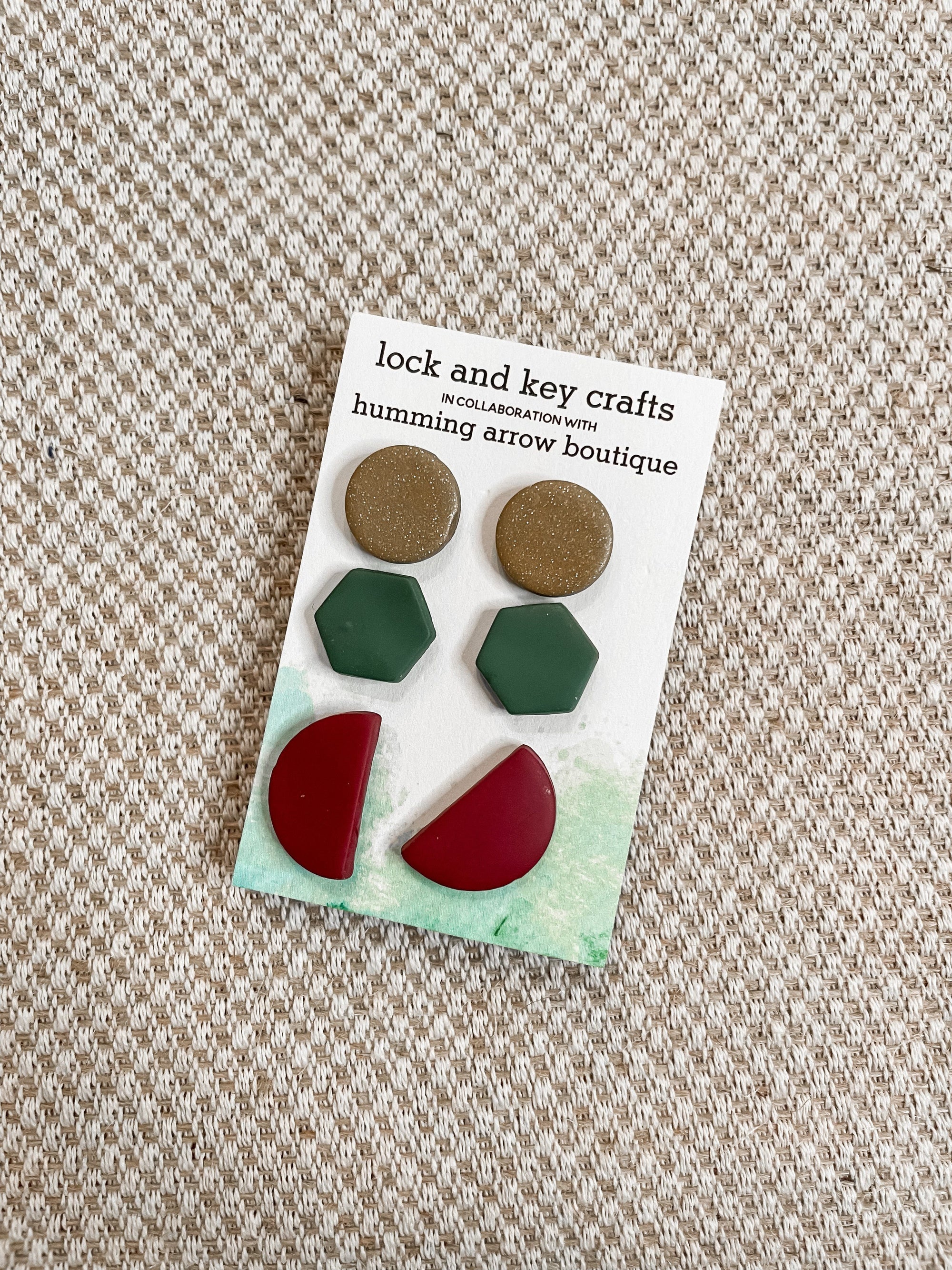 Lock Key Handmade Clay Earring Stud Pack Jewelry Lock Key Gold/Evergreen/Burgundy 