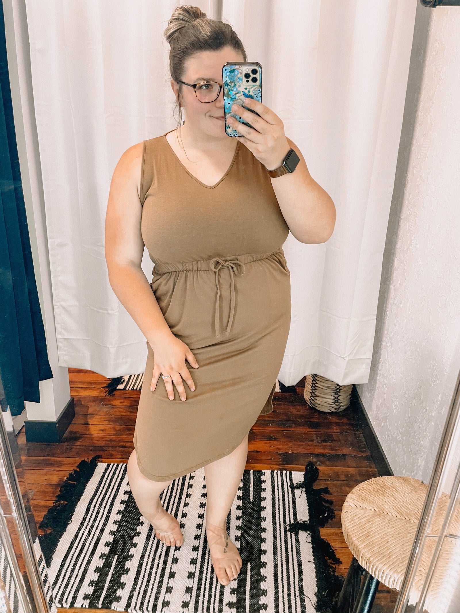 Dark Camel Drawstring Waist Midi Dress Dress Zenana 