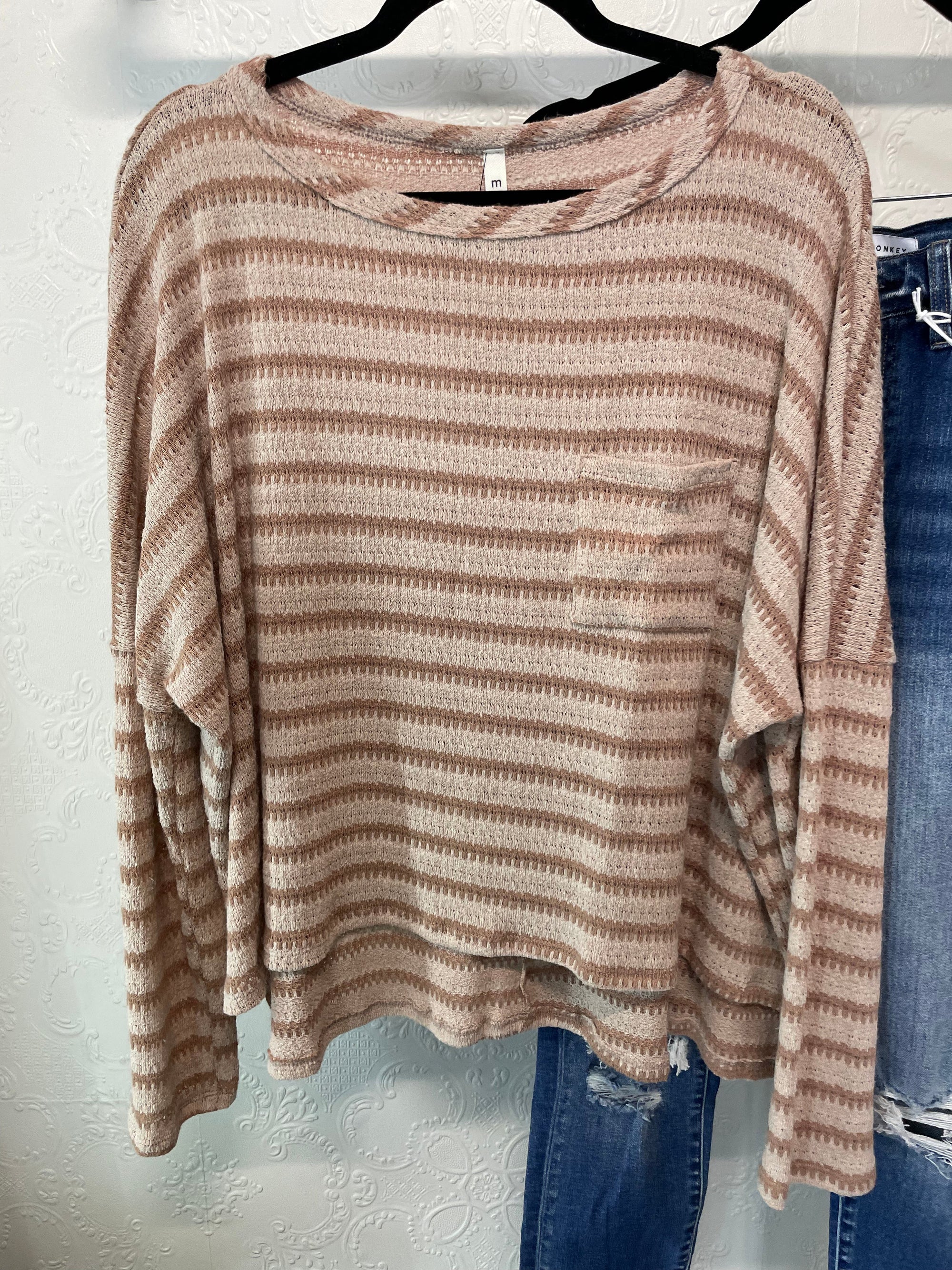 Oversized Striped Pocket Waffle Knit Top Long sleeve Other 