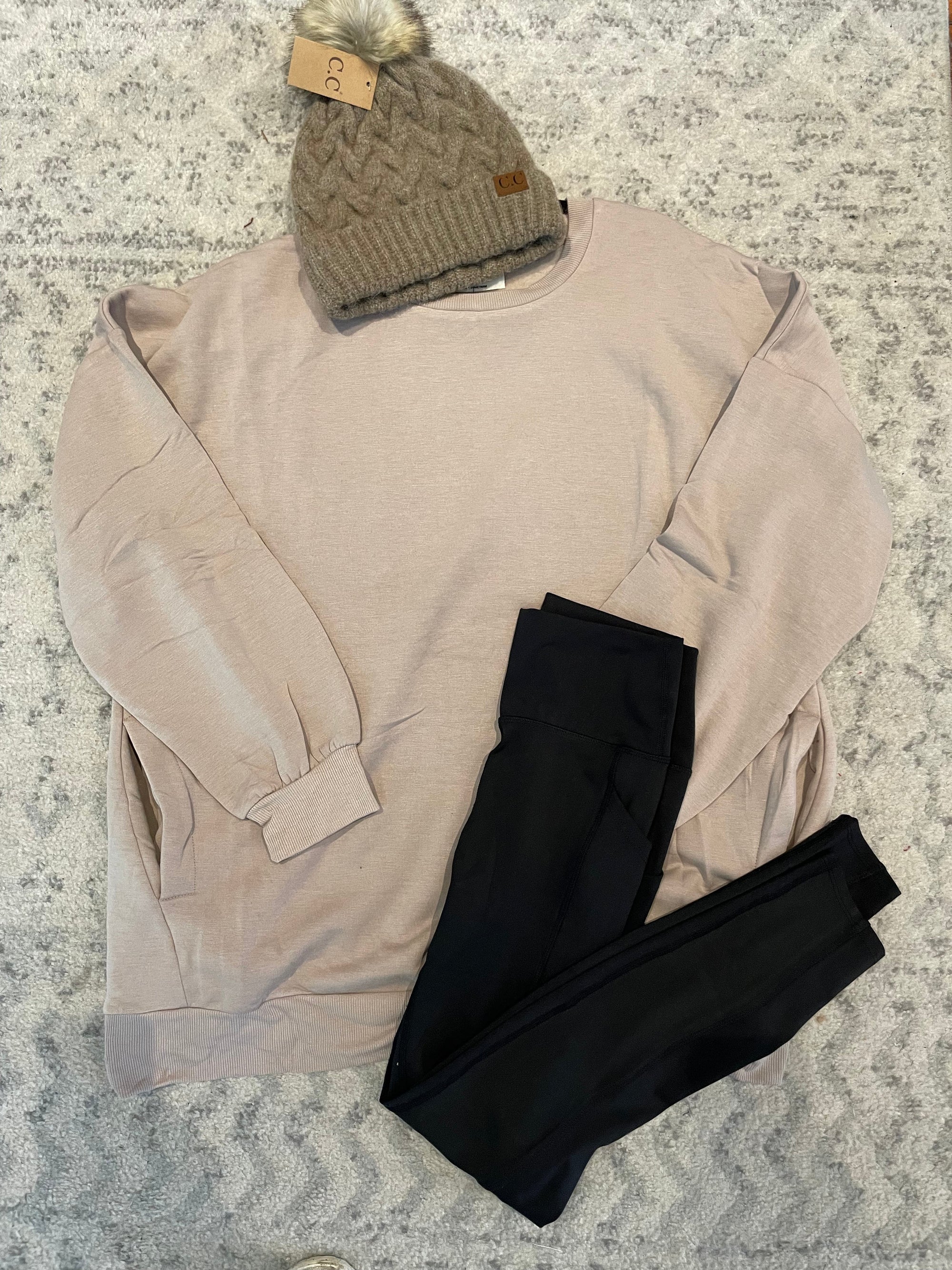 Basic Pocket Crewneck Sweatshirt Long sleeve Zenana 
