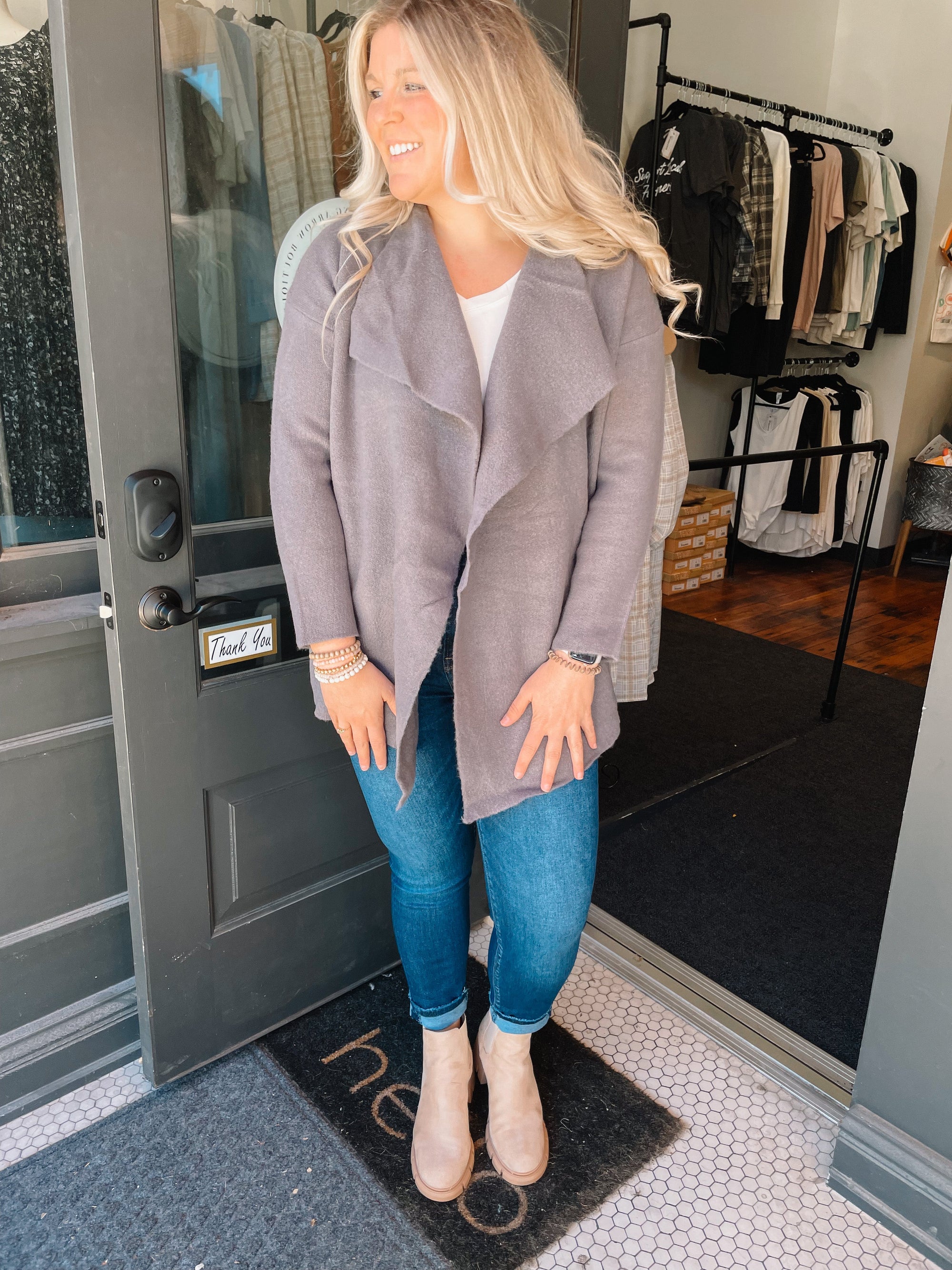Charcoal Grey Heavy Knit Lapel Cardigan Cardigan In Loom 
