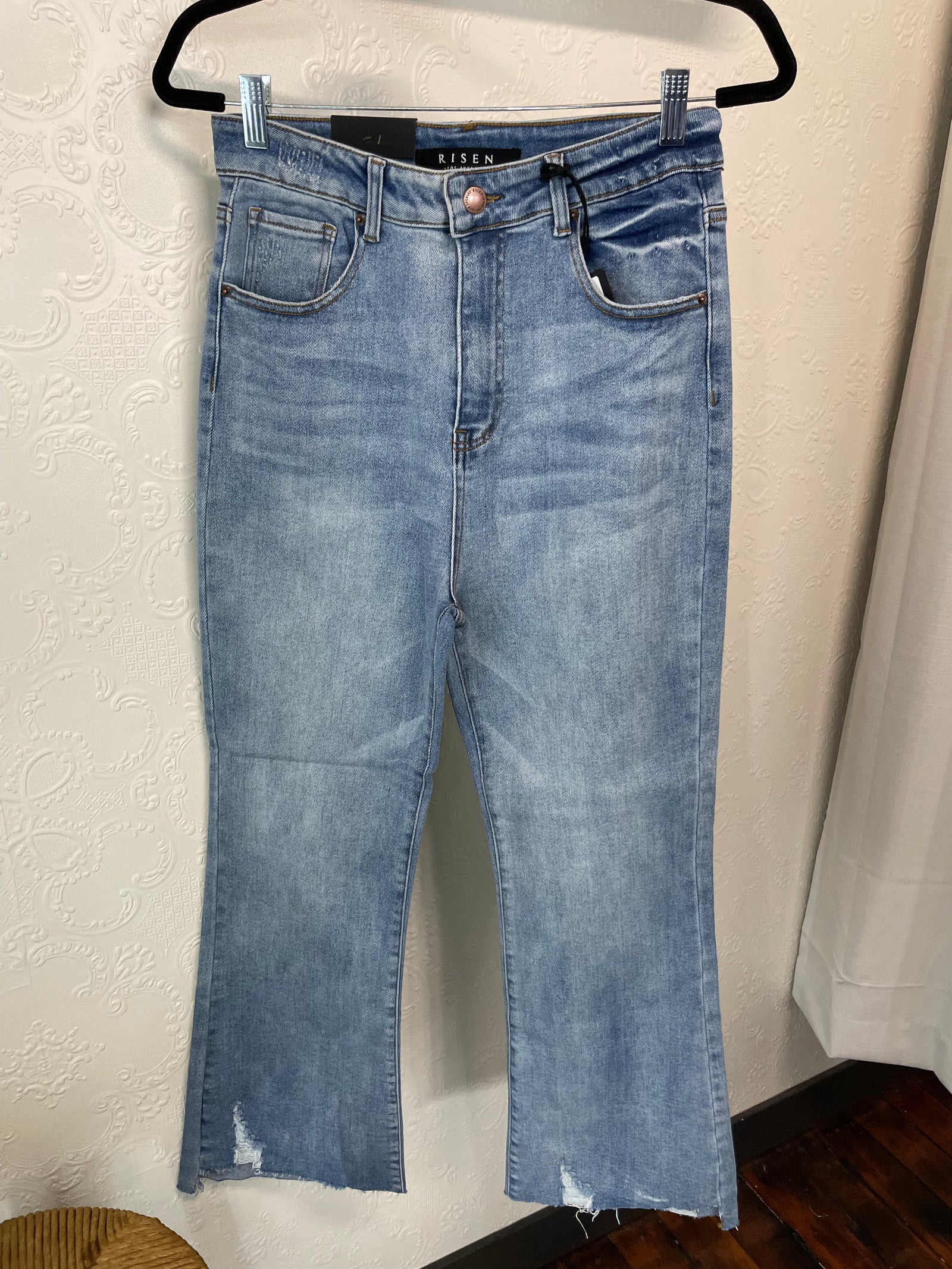 Light Wash Raw Cut Ankle Flare Jeans Bottoms Risen 