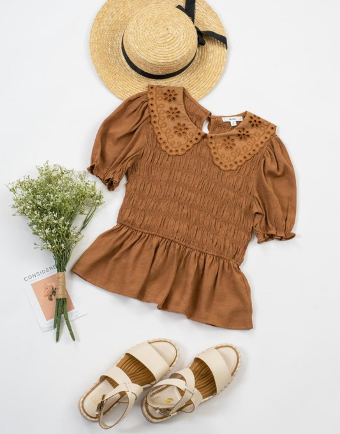 Tan Eyelet Crochet Detail Smocked Top blu pepper 