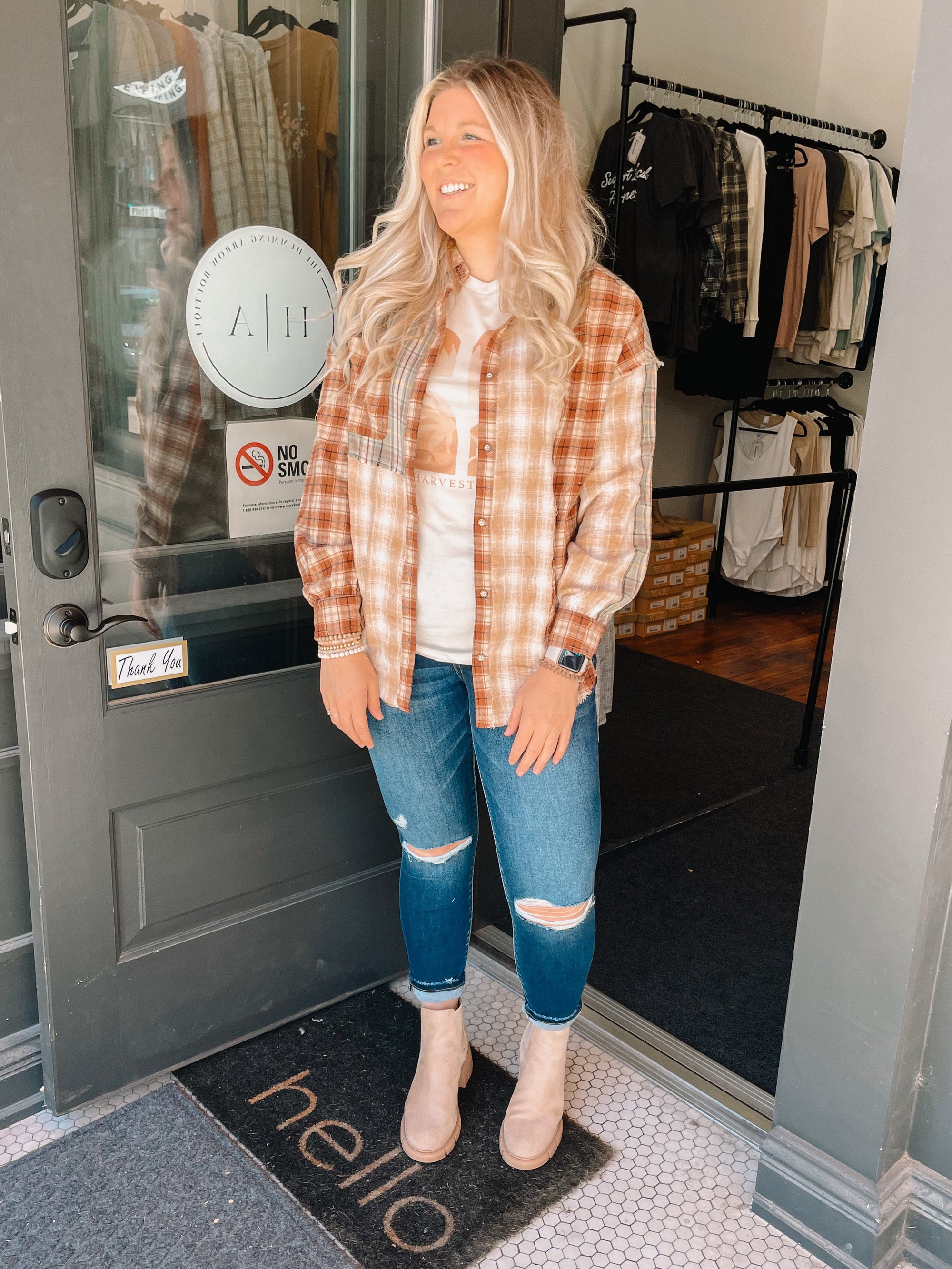 Mocha Sage Mixed Plaid Button Down Shirt Long sleeve In Loom 