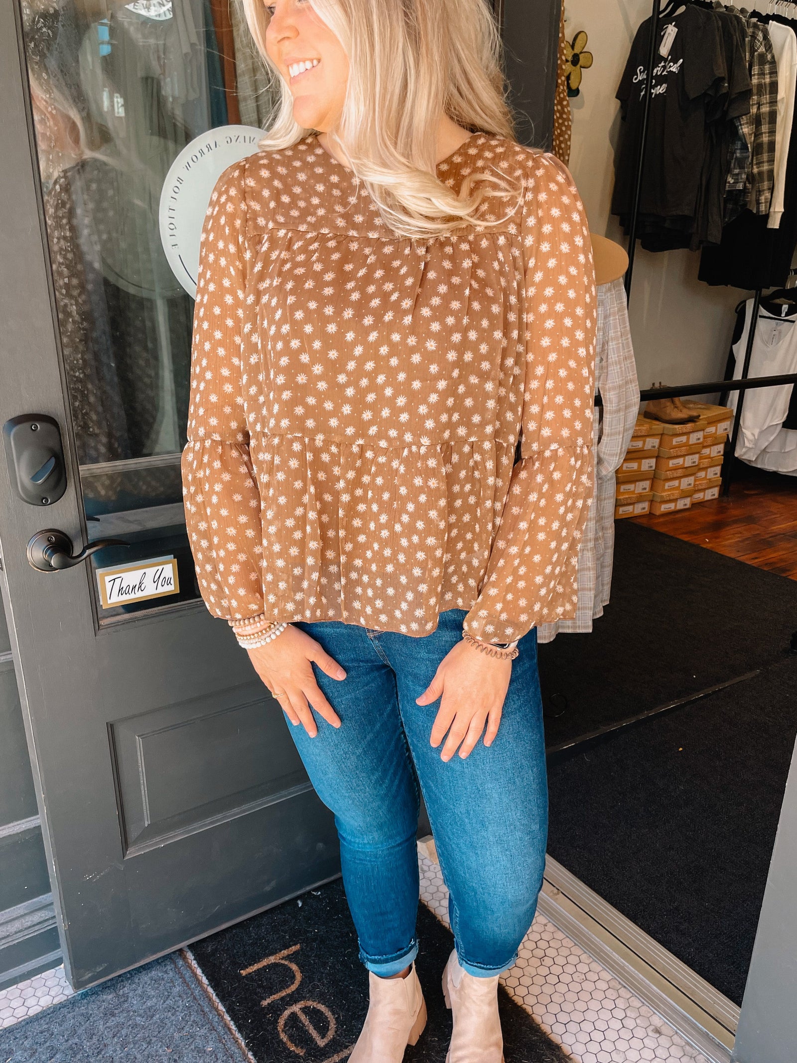 Brown Floral Babydoll Top Long sleeve Hayden Los Angeles 