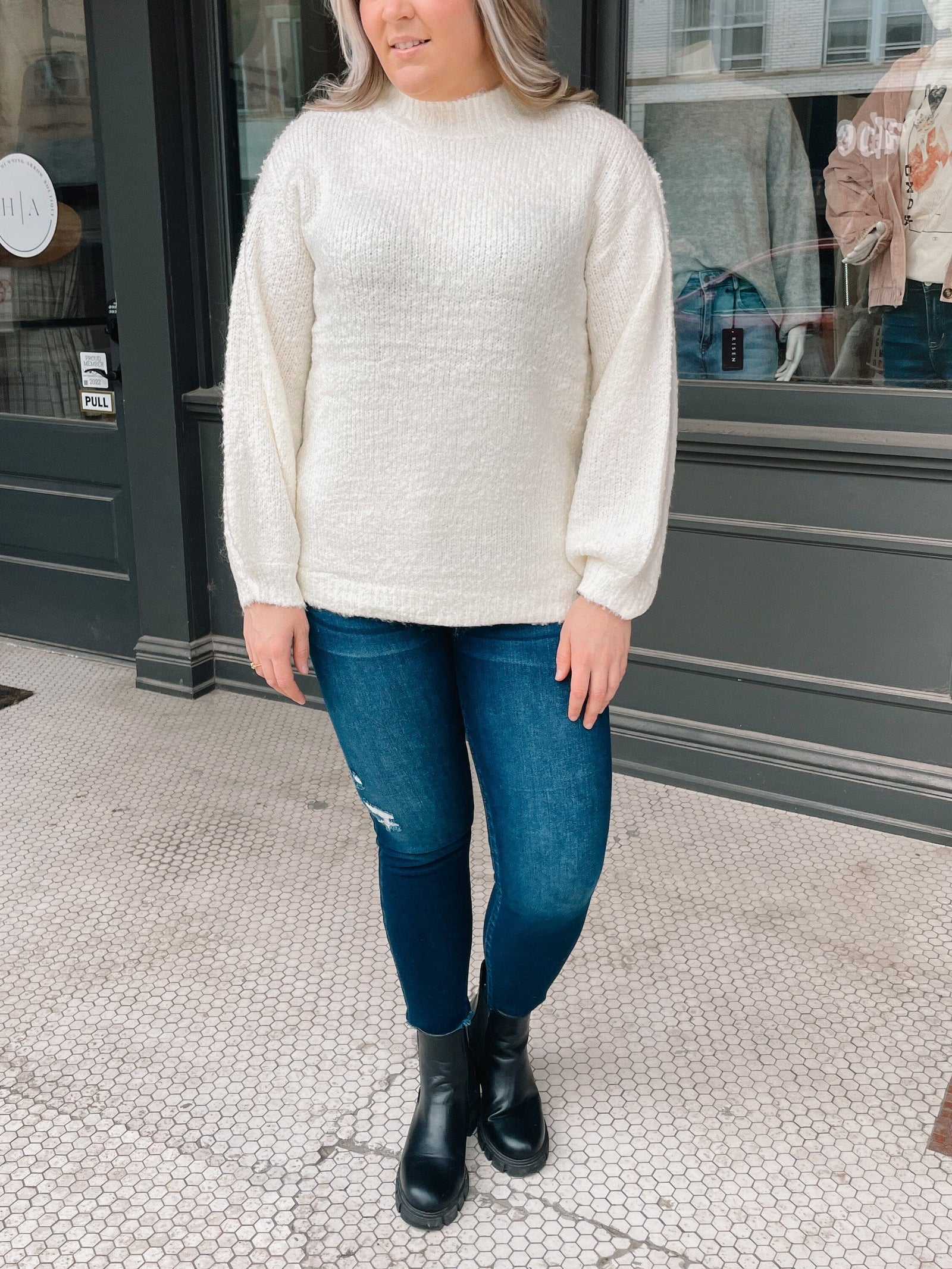 Cream Knit Mock Neck Sweater with Side Slits Long sleeve aemi+co 