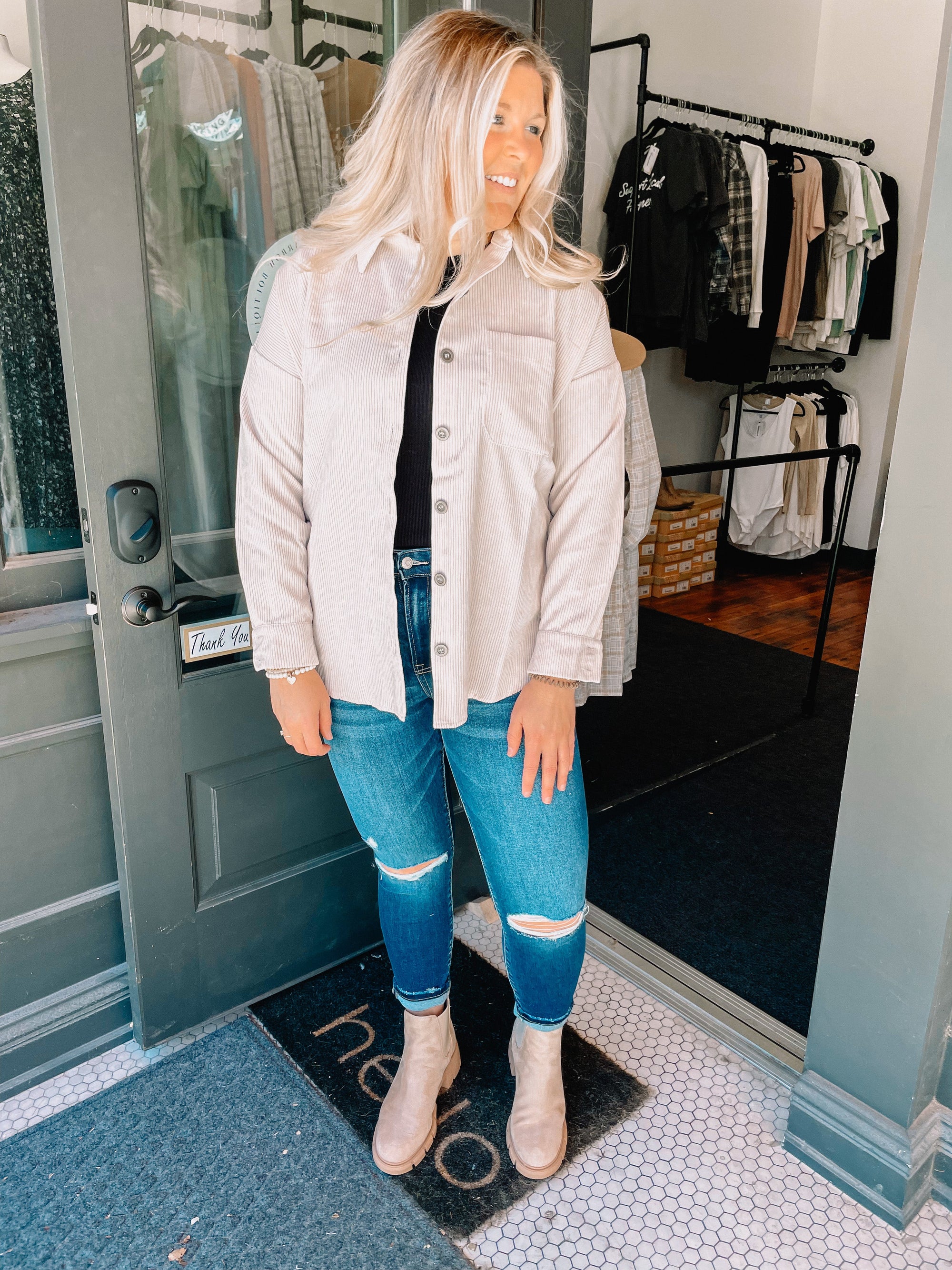 Sand Beige Corduroy Button Down Shacket The Humming Arrow Boutique 