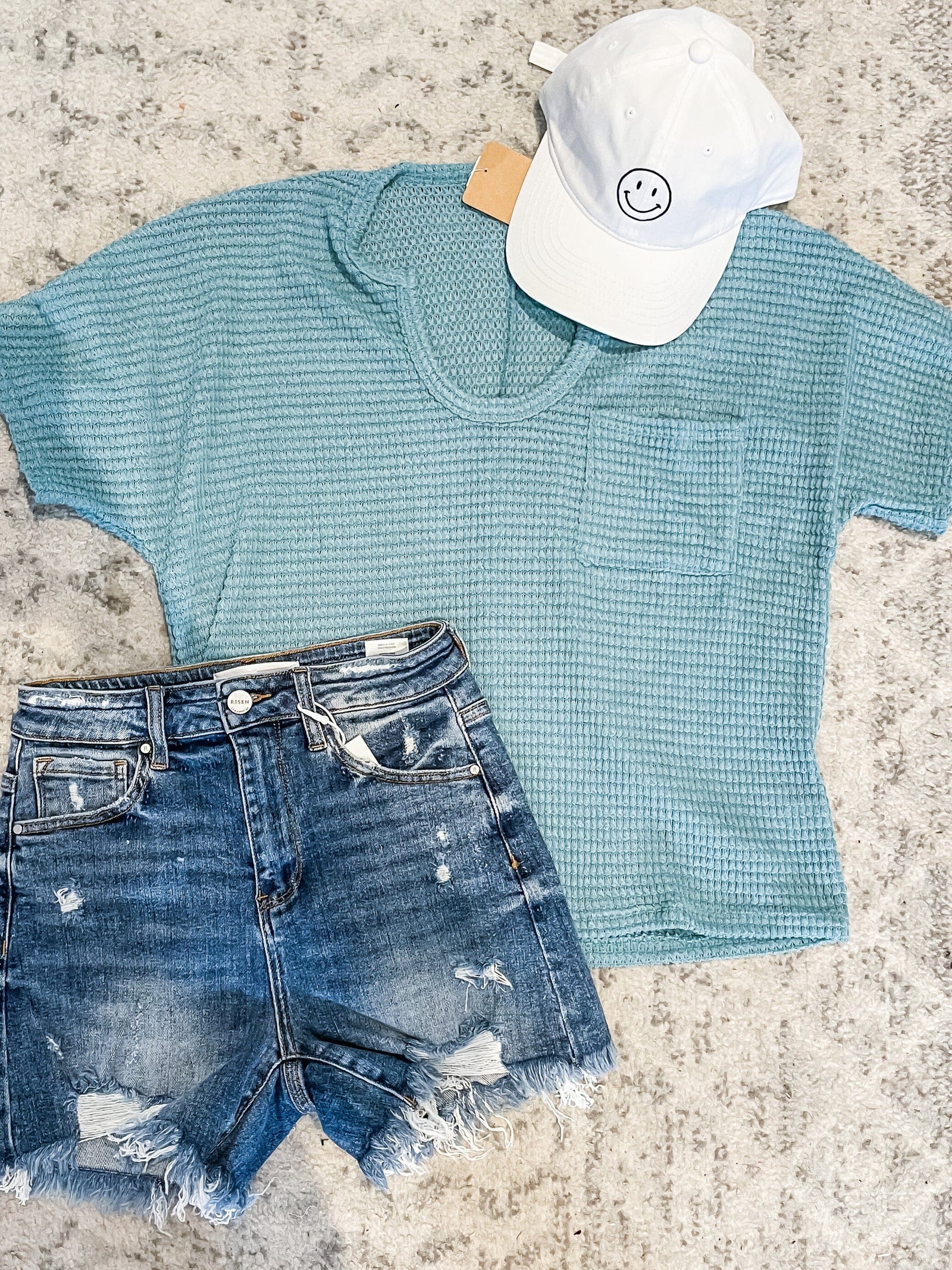 Dusty Teal Keyhole Lightweight Short Sleeve Sweater Top Short sleeve Zenana 