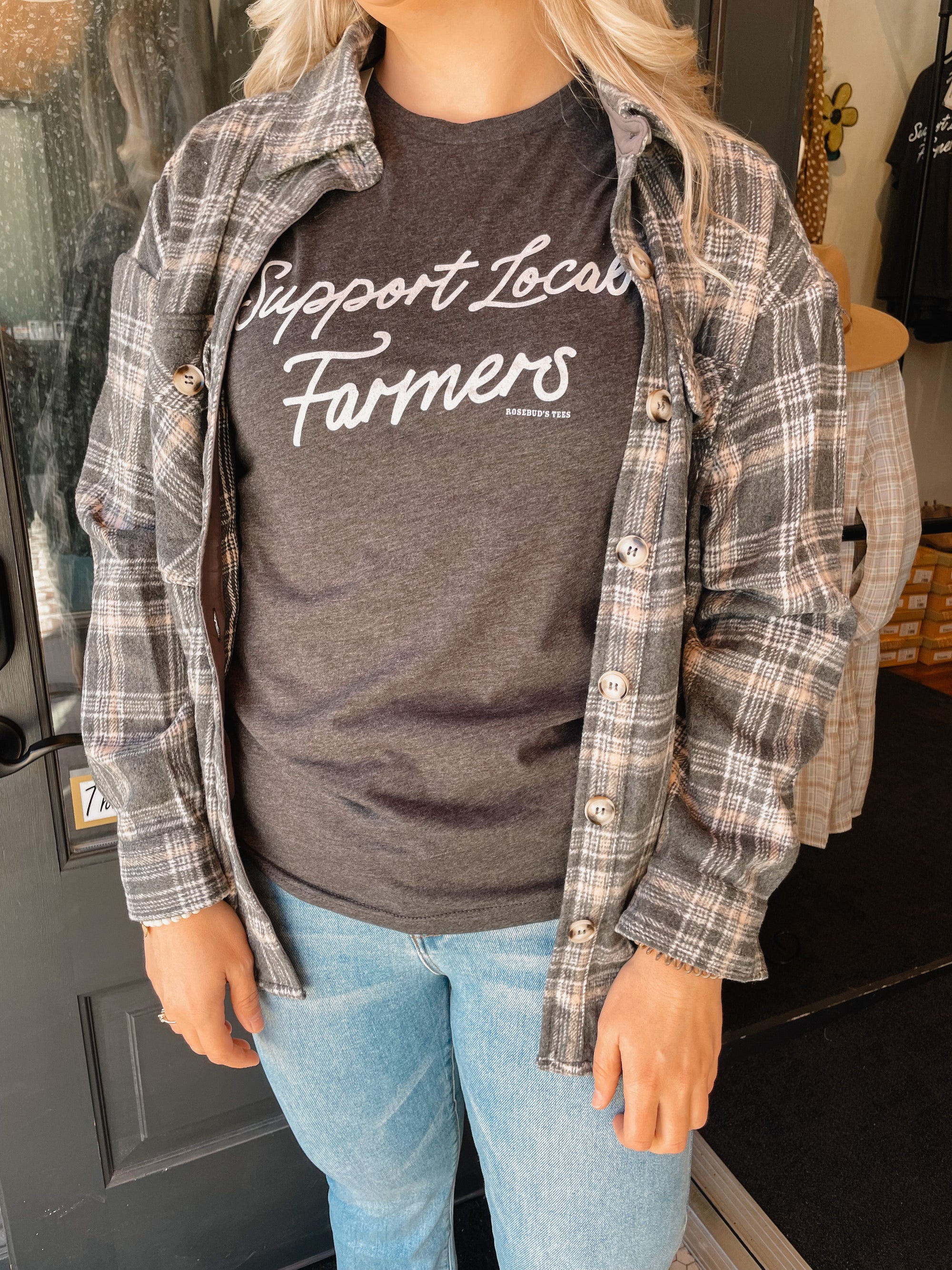 Charcoal Grey Plaid Shacket Cardigan In Loom 