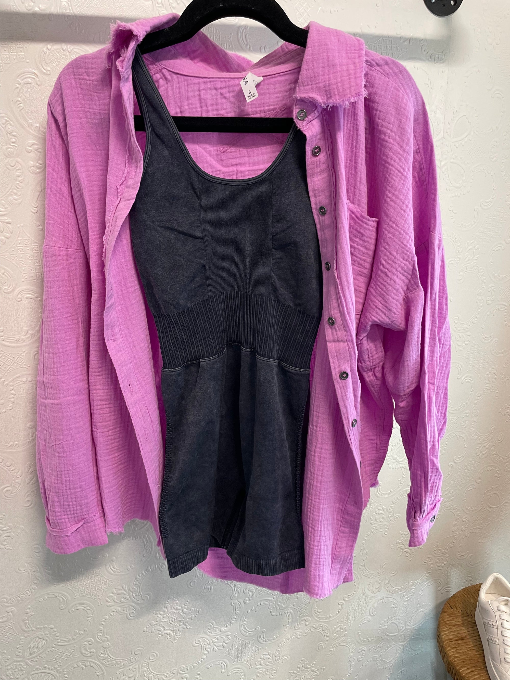 Bright Mauve Gauze Raw Hem Button Down Shirt Cardigan Zenana 