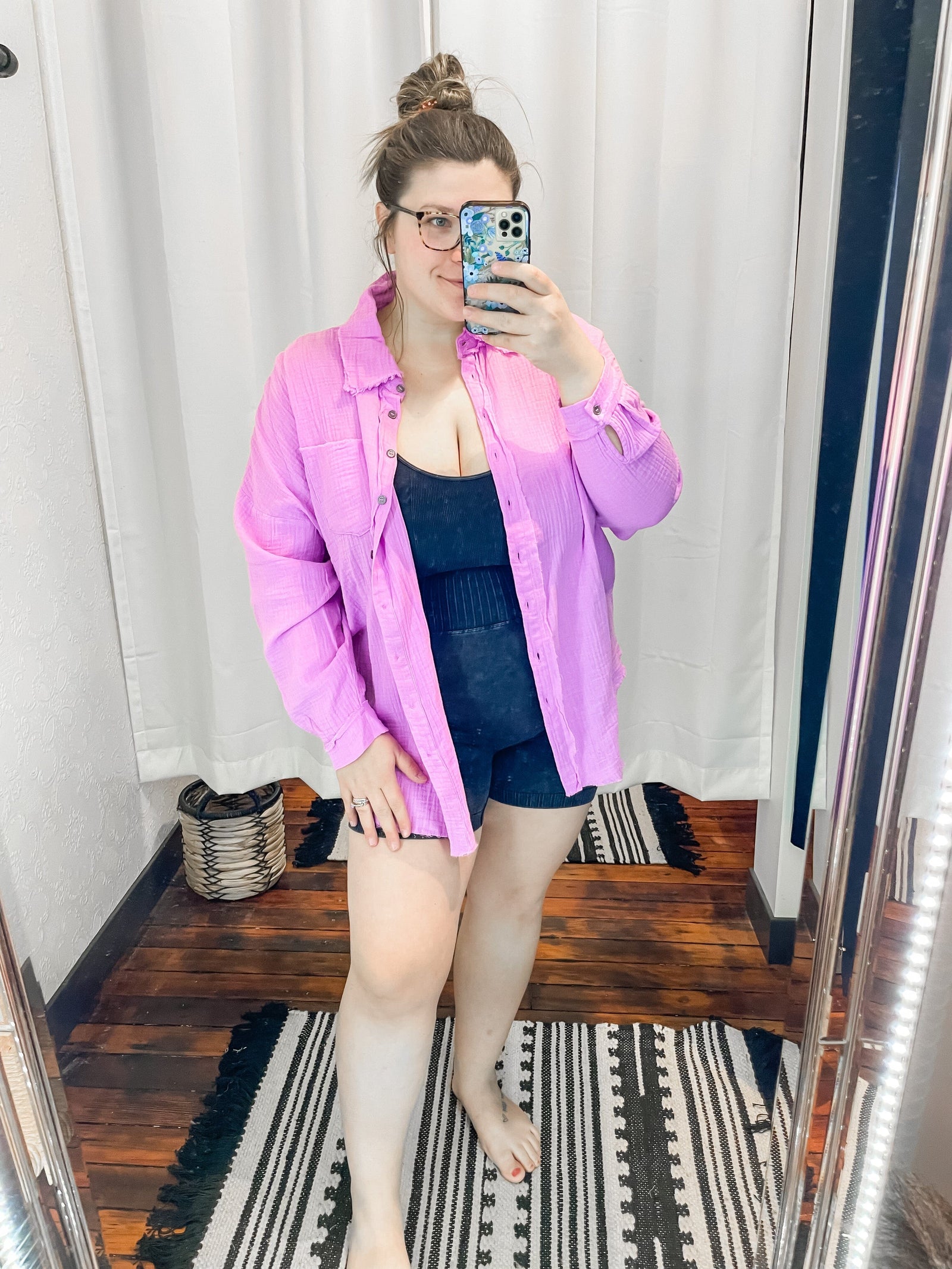 Bright Mauve Gauze Raw Hem Button Down Shirt Cardigan Zenana 
