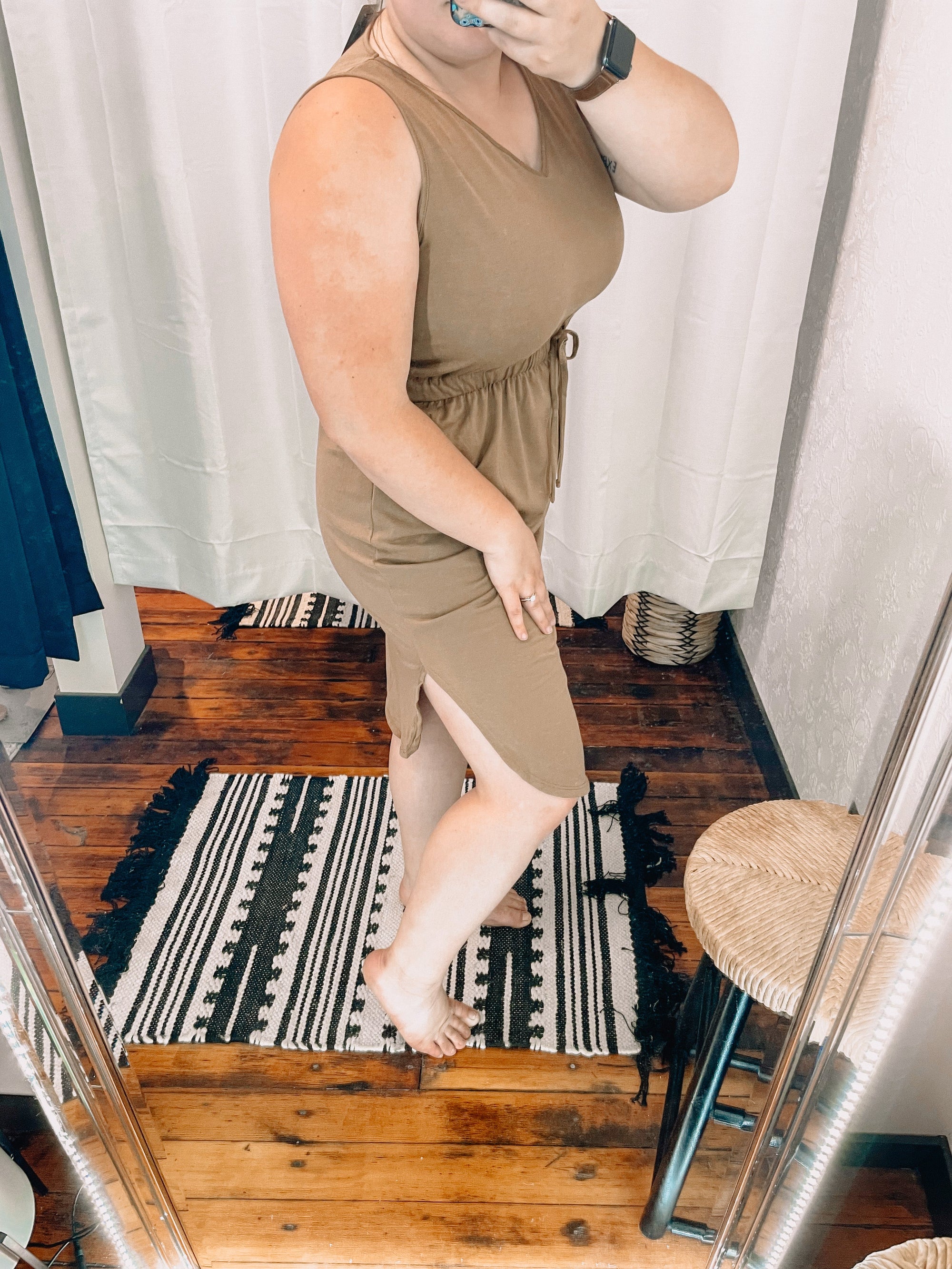 Dark Camel Drawstring Waist Midi Dress Dress Zenana 