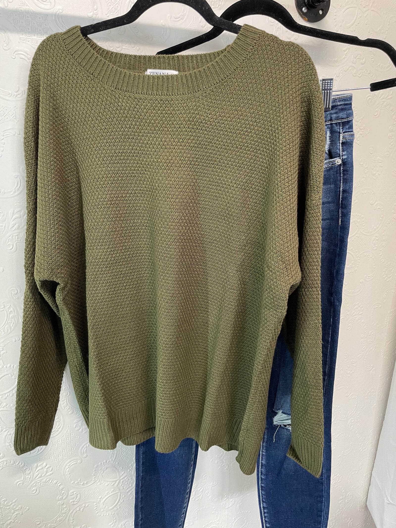 Basic Waffle Knit Sweater in Olive Long sleeve Zenana 