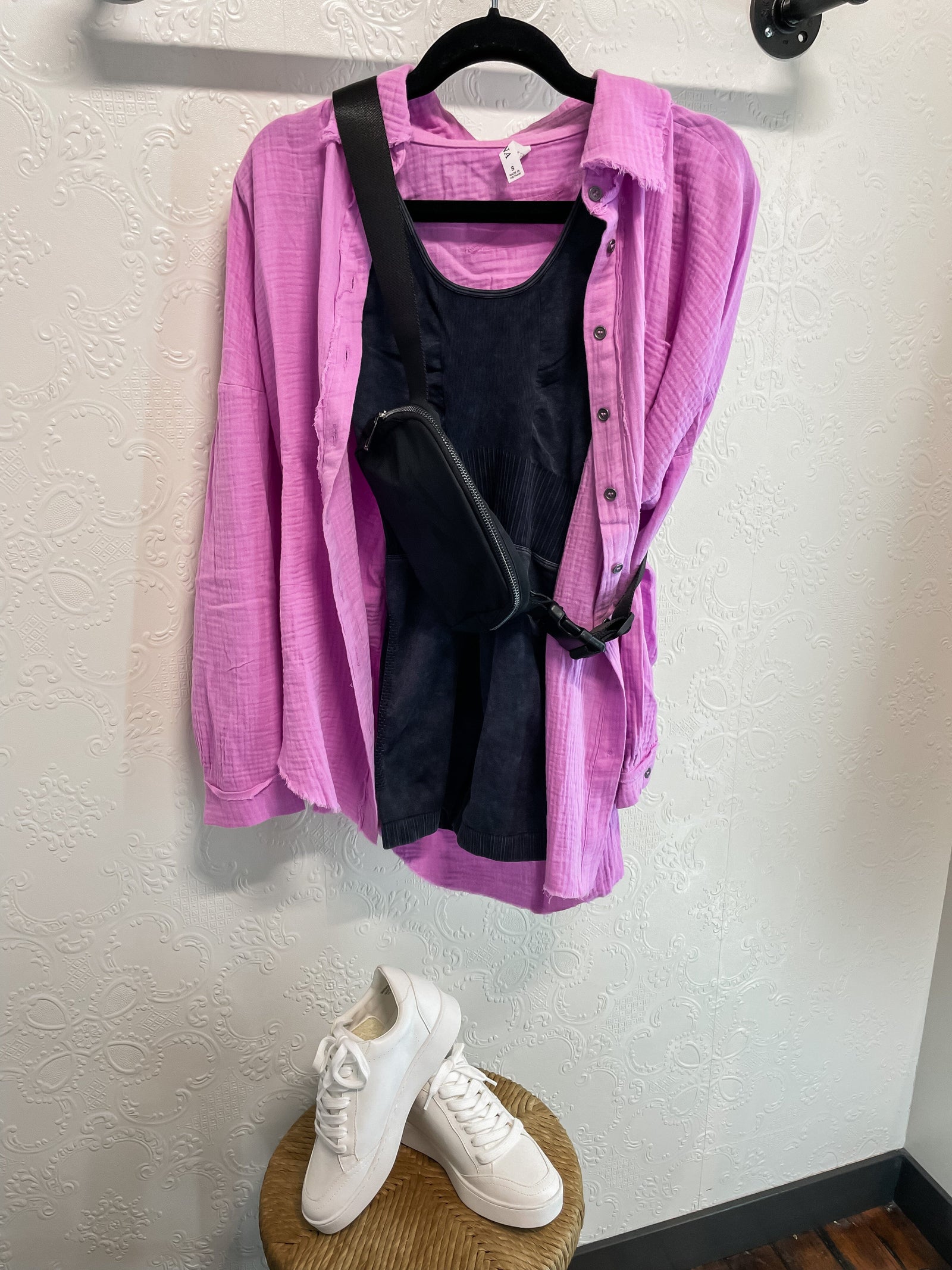 Bright Mauve Gauze Raw Hem Button Down Shirt Cardigan Zenana 