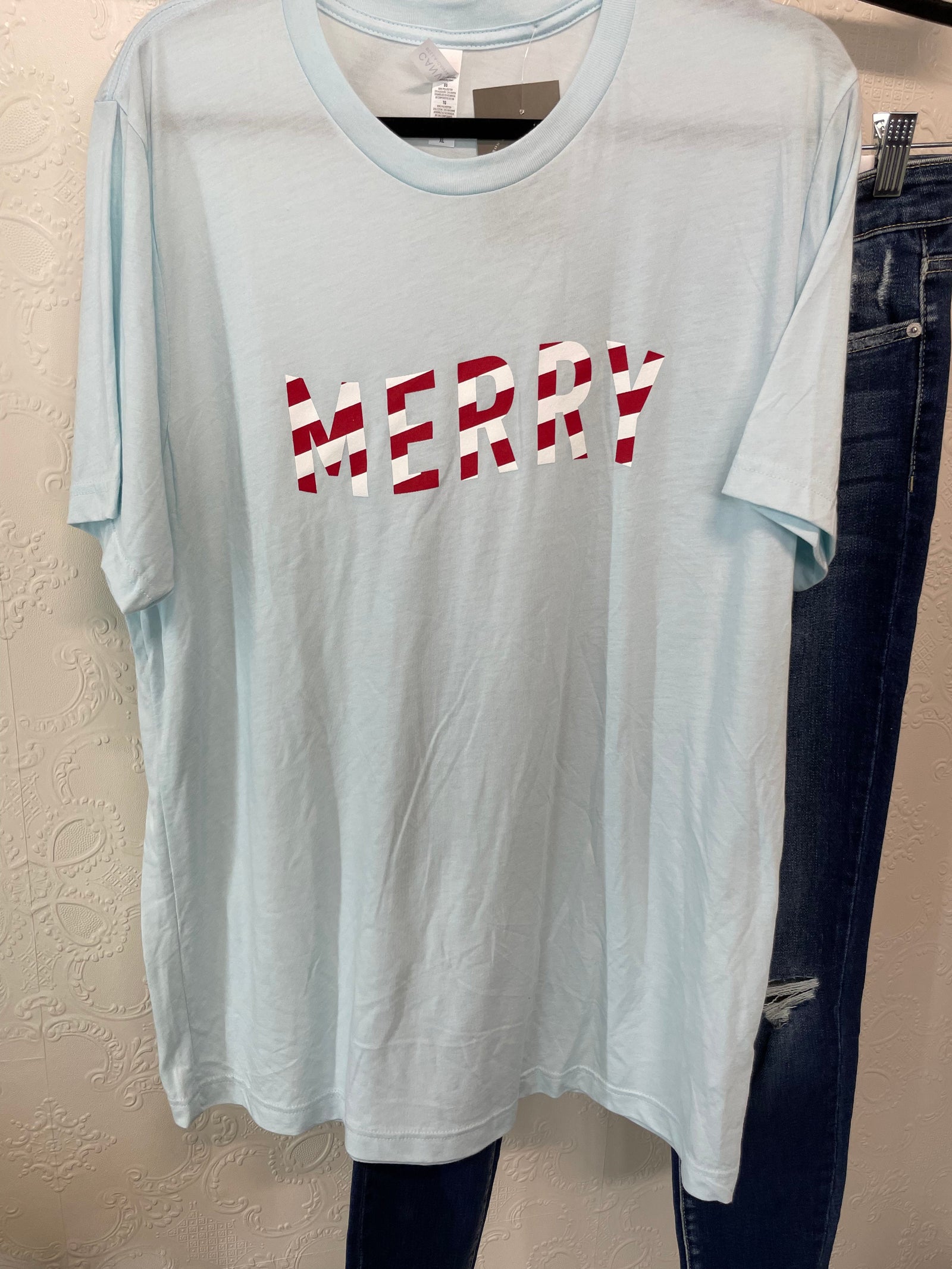 The Merry Stripe Ice Blue Graphic Tee Short sleeve Rosebud Tees 