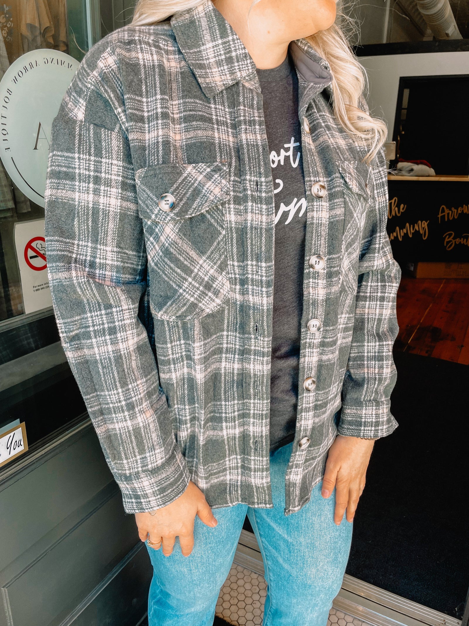 Charcoal Grey Plaid Shacket Cardigan In Loom 