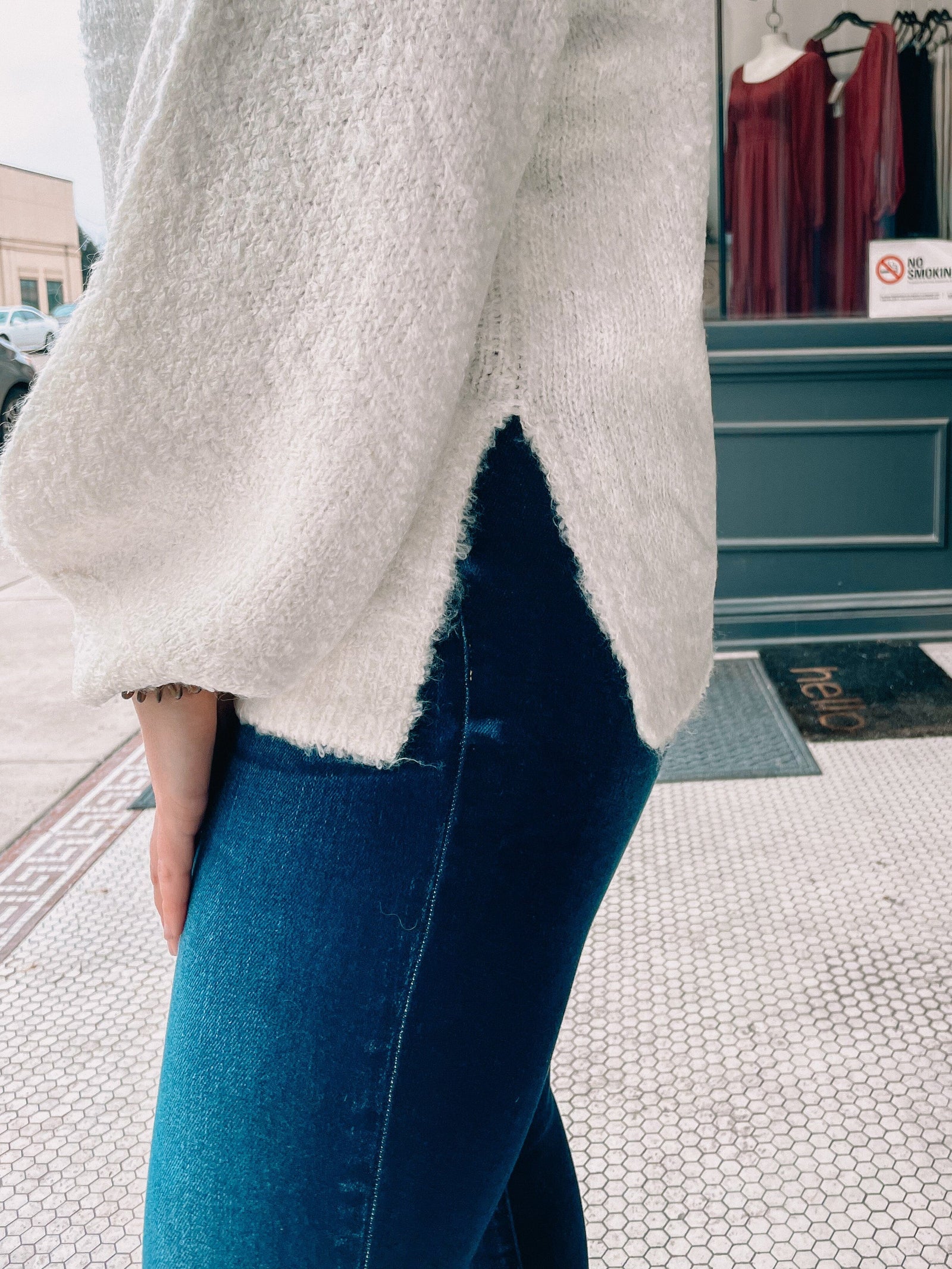 Cream Knit Mock Neck Sweater with Side Slits Long sleeve aemi+co 
