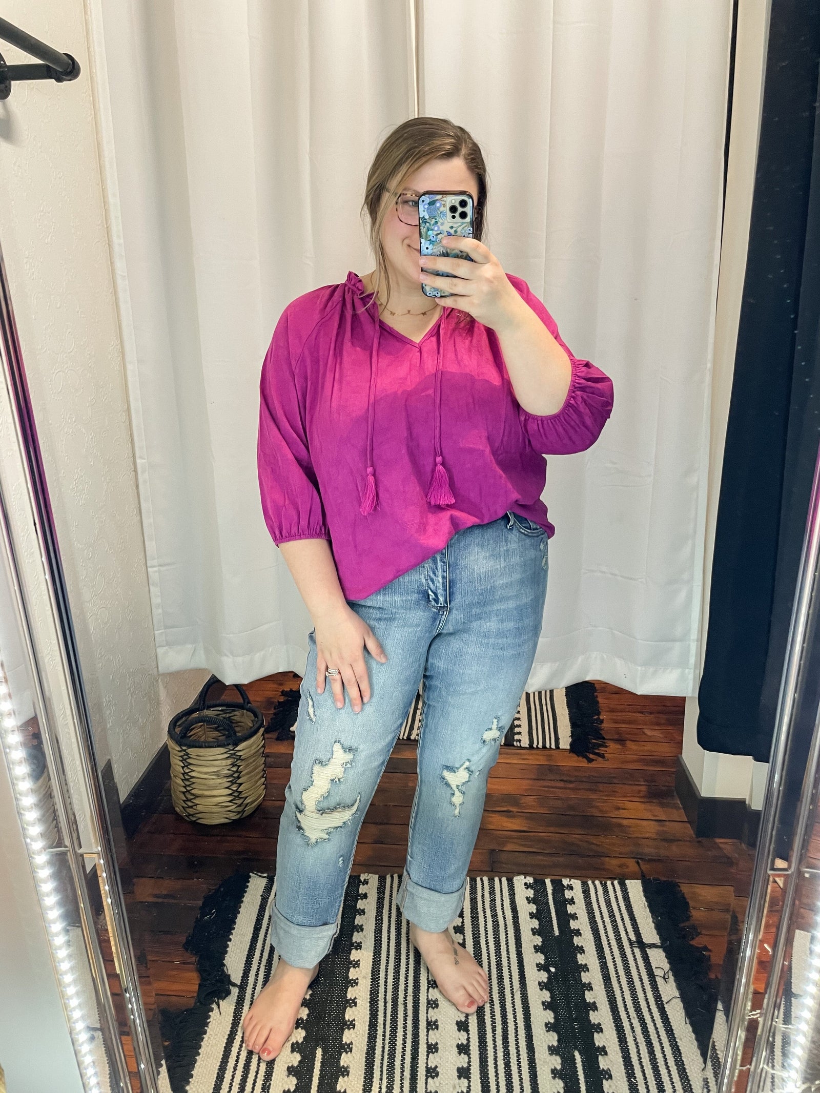 Magenta Tassel Drawstring V Neck Blouse The Humming Arrow Boutique 