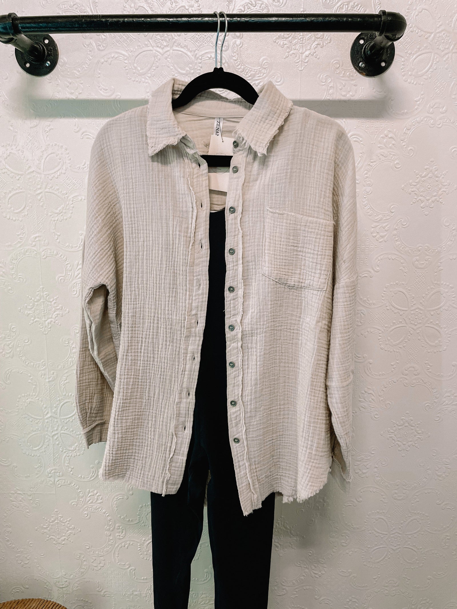 Sand Beige Gauze Raw Hem Button Down Long Sleeve Top Long sleeve Zenana 