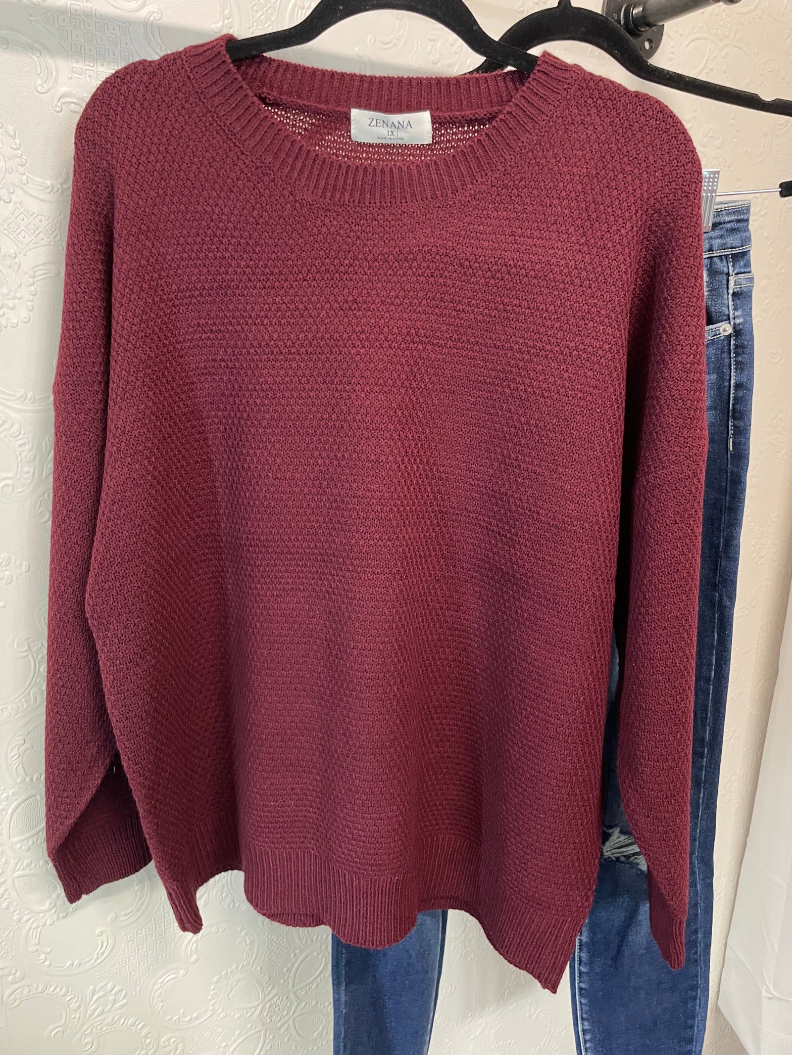 Basic Waffle Knit Sweater in Dark Burgundy Long sleeve Zenana 