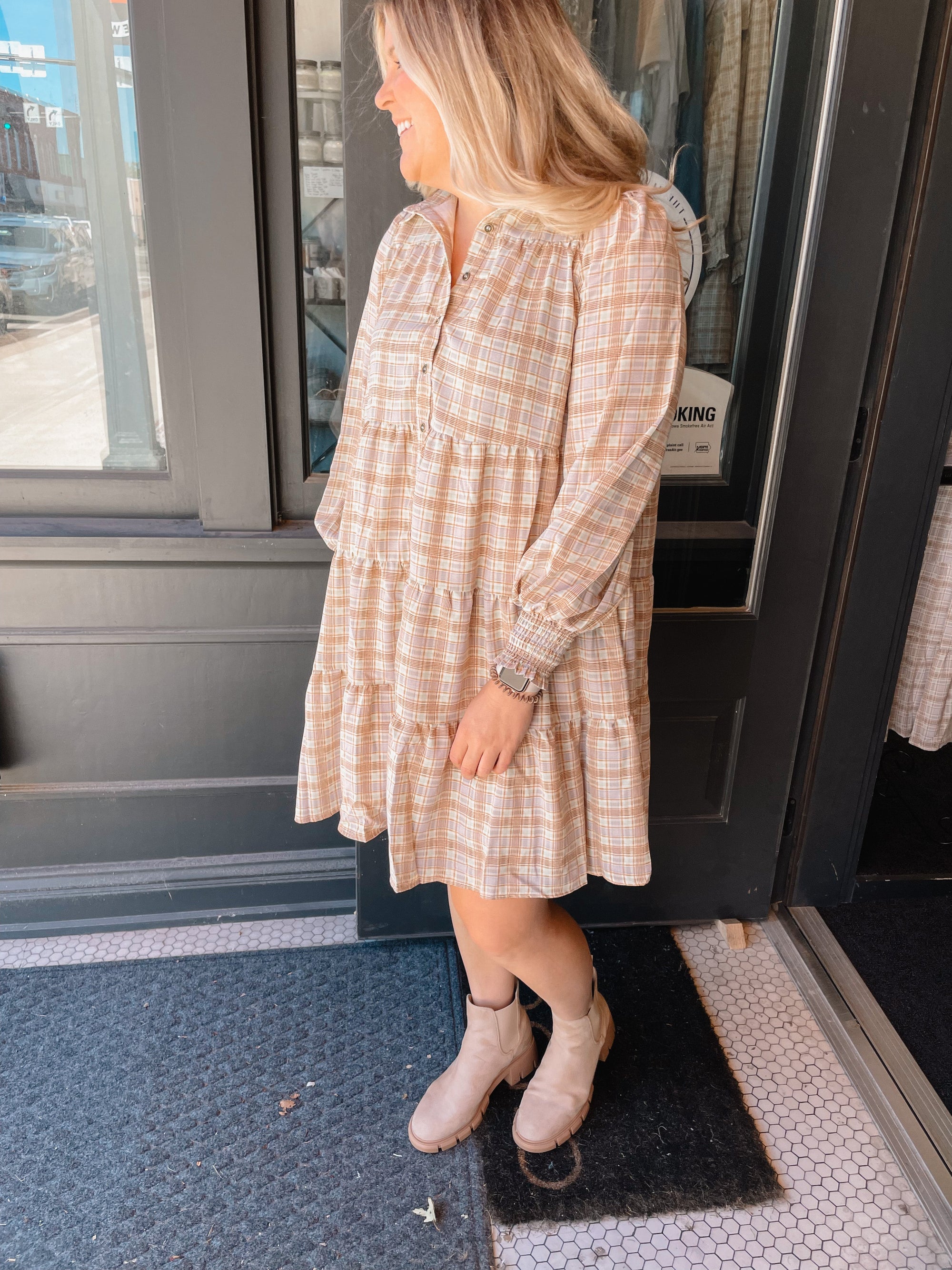Camel Gingham Print Button Up Dress Dress Polagram 