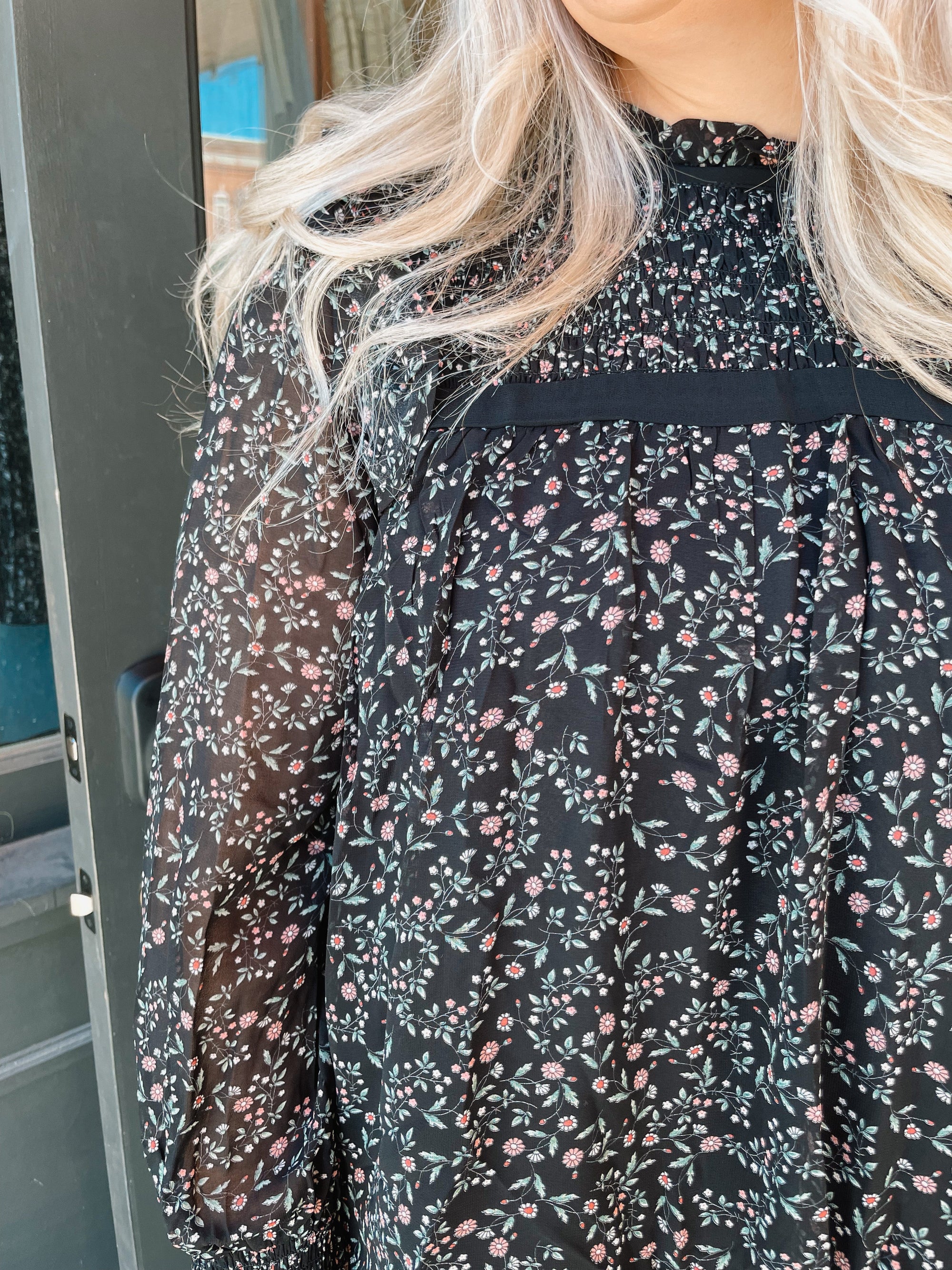 Black Floral Smocked Floral Print Ruffle Neck Blouse Long sleeve In Loom 