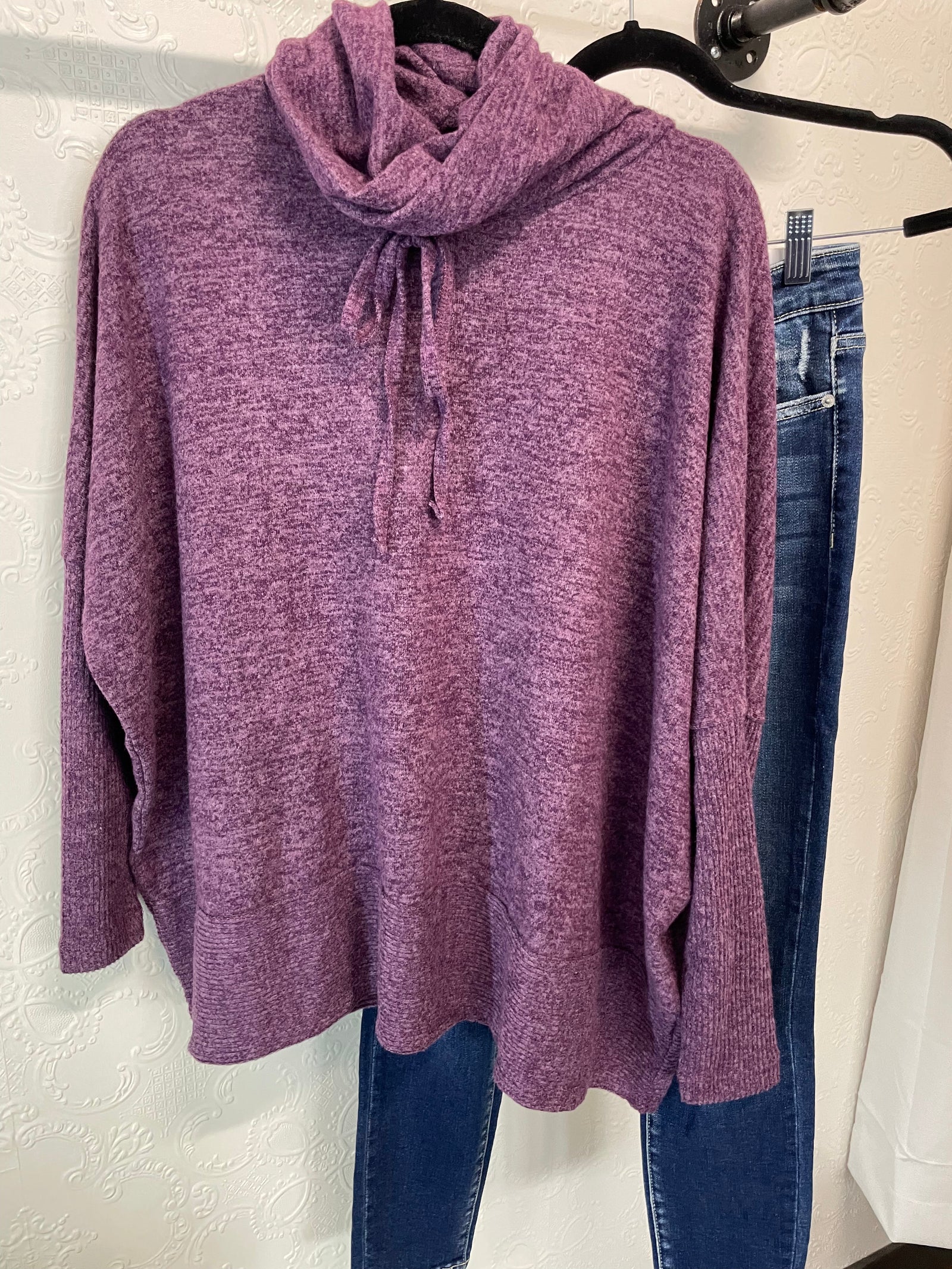 Dark Plum Hacci Knit Cowl Neck Sweater Long sleeve Zenana 