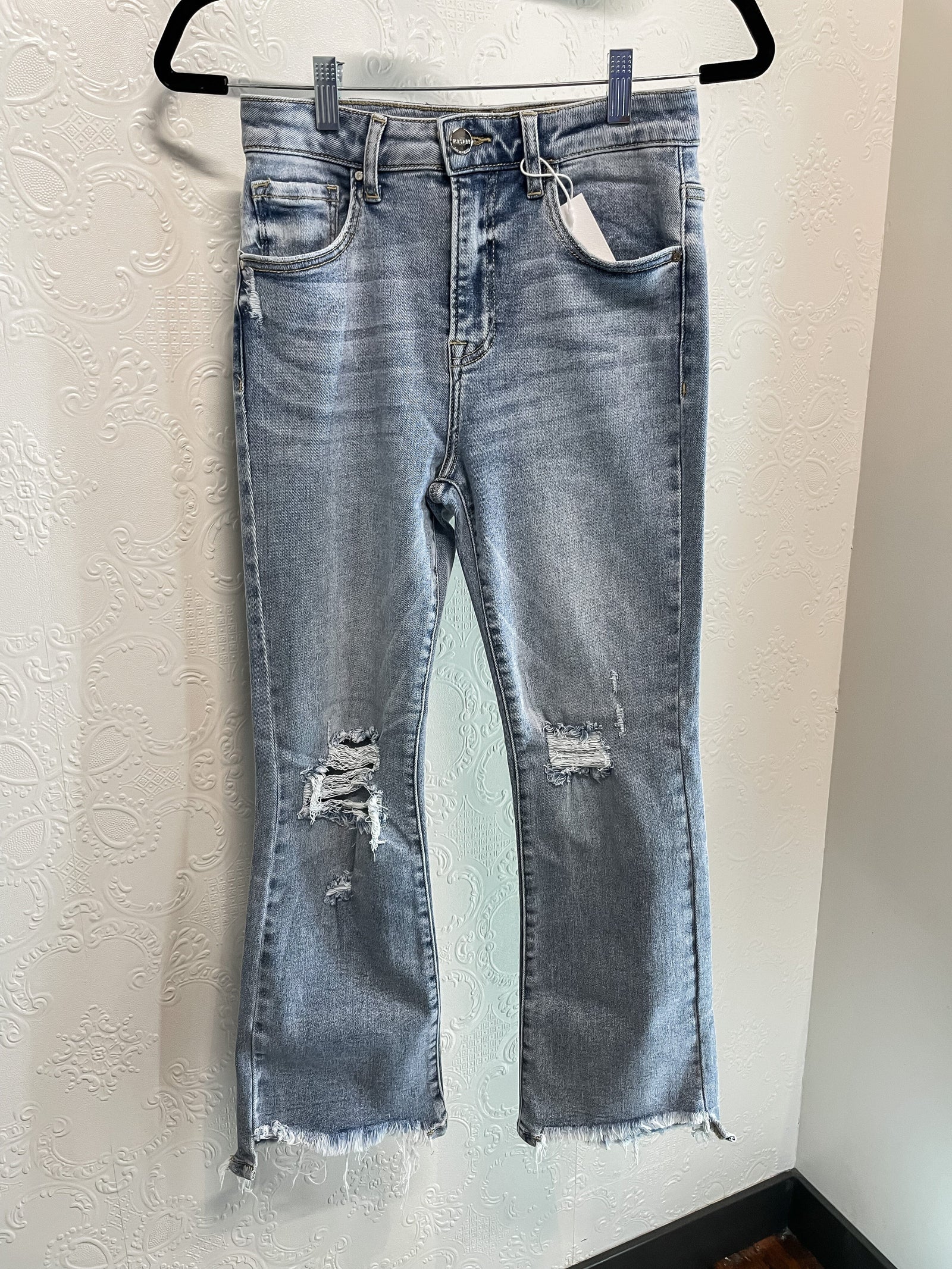 Risen Light Wash Distressed HR Crop Flare Jeans Skinny Jean Risen 