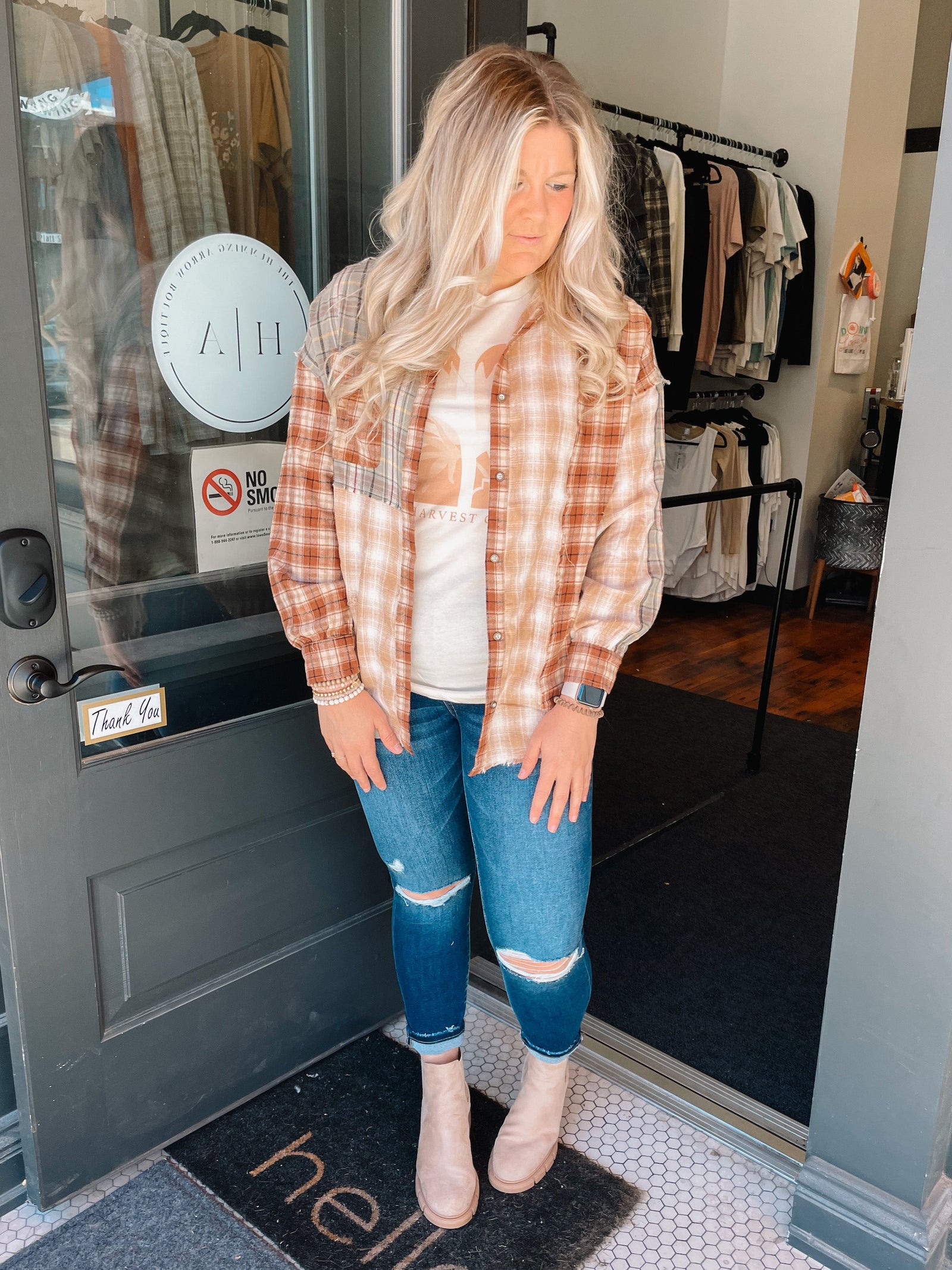 Mocha Sage Mixed Plaid Button Down Shirt Long sleeve In Loom 