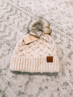 Lola Knit Mink Beanie Hat with Fox Pom Pom 