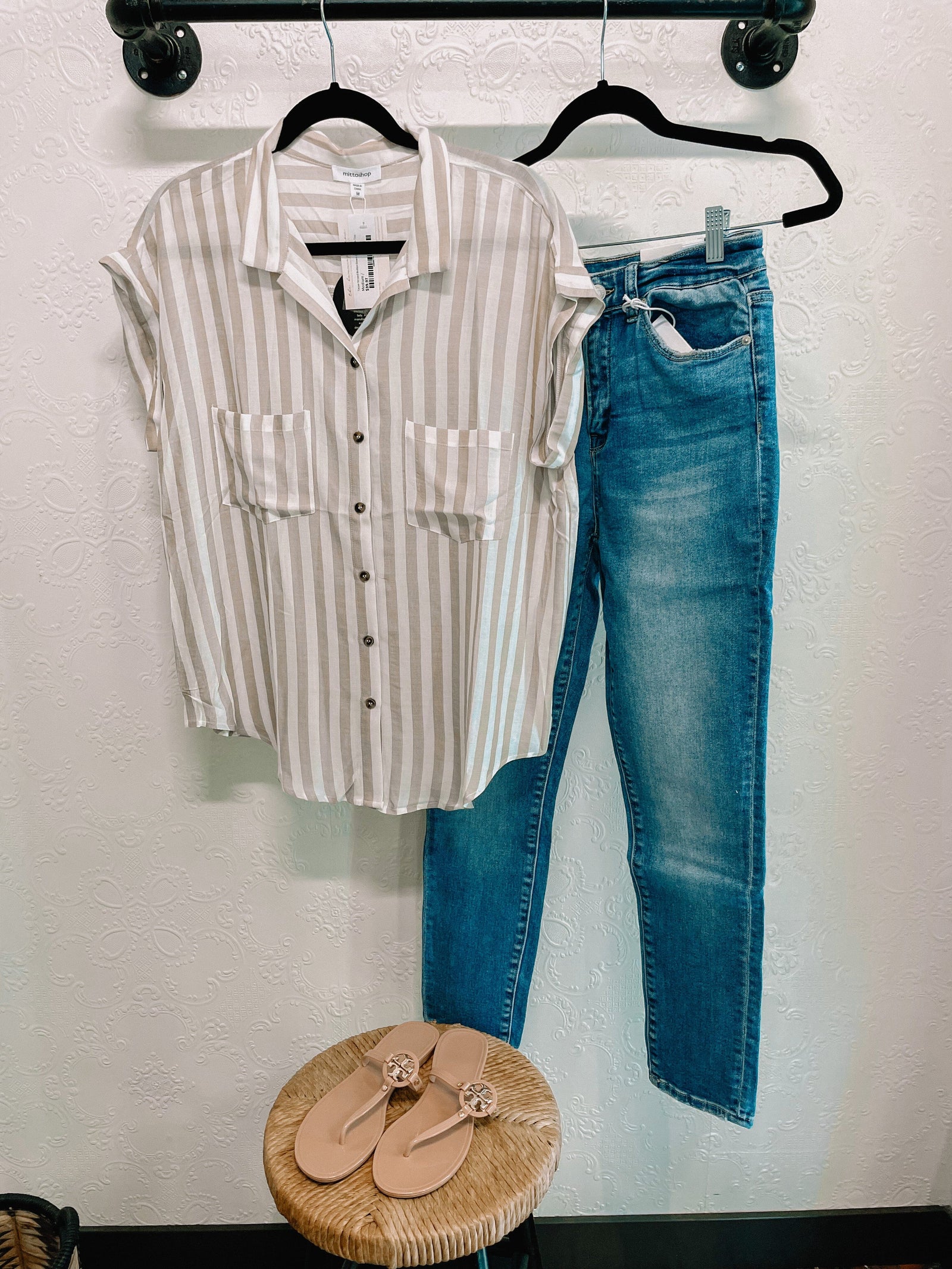 Taupe Striped Button Down Short Sleeve Top Short sleeve mittoshop 
