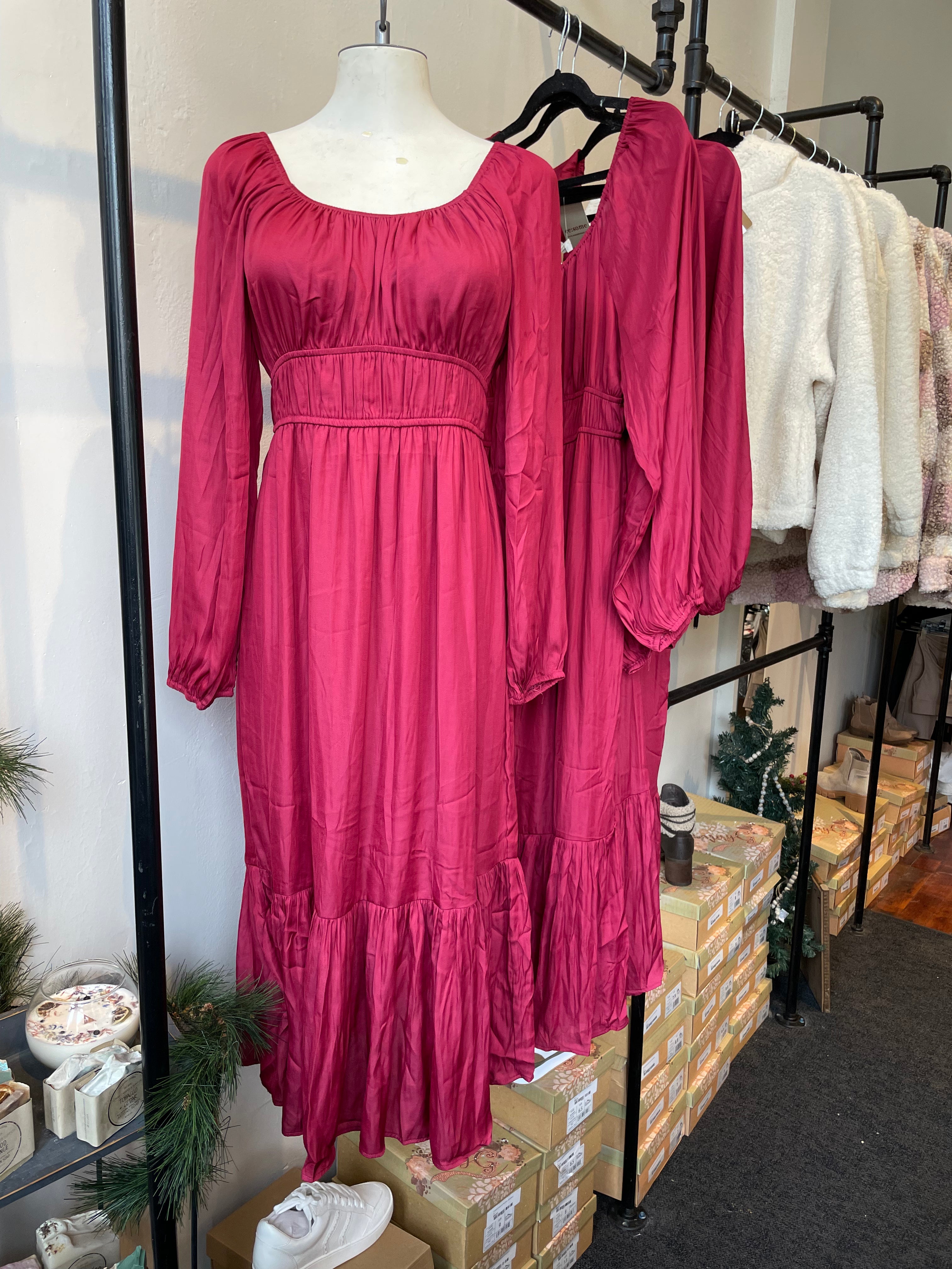 Wine Long Sleeve Tiered Midi Dress with Square Neck Line