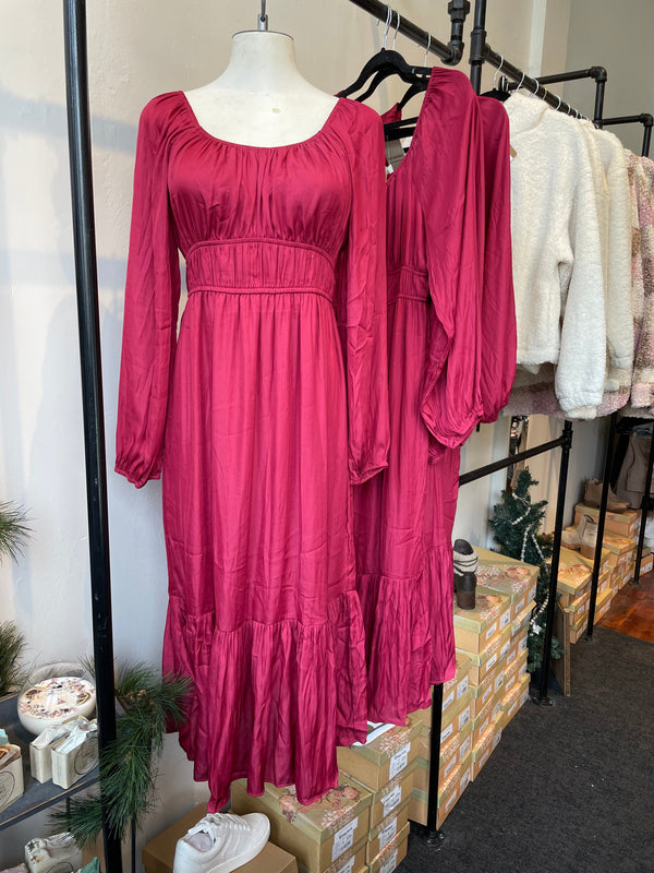 Wine Boho Tiered Midi Dress with Hand-Braided Waist Belt