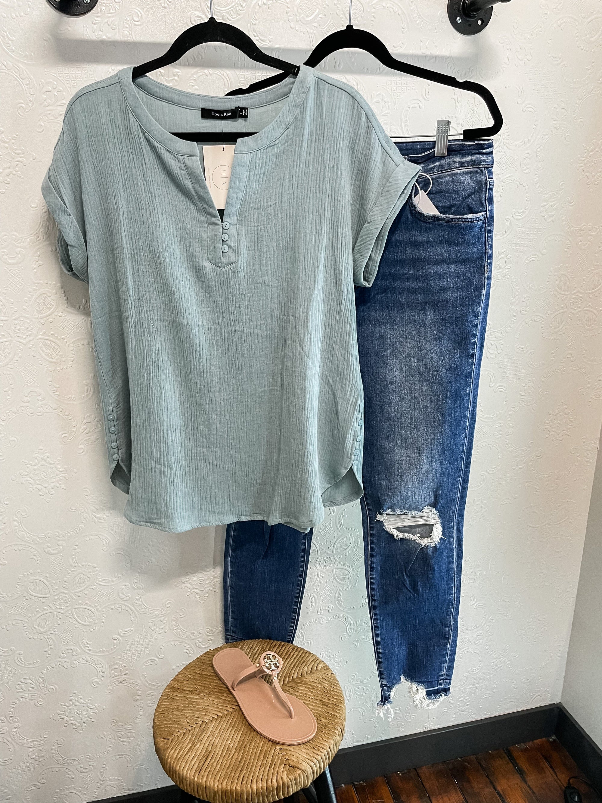 Sage Green Side Button Short Sleeve Blouse Short sleeve doe and rae 