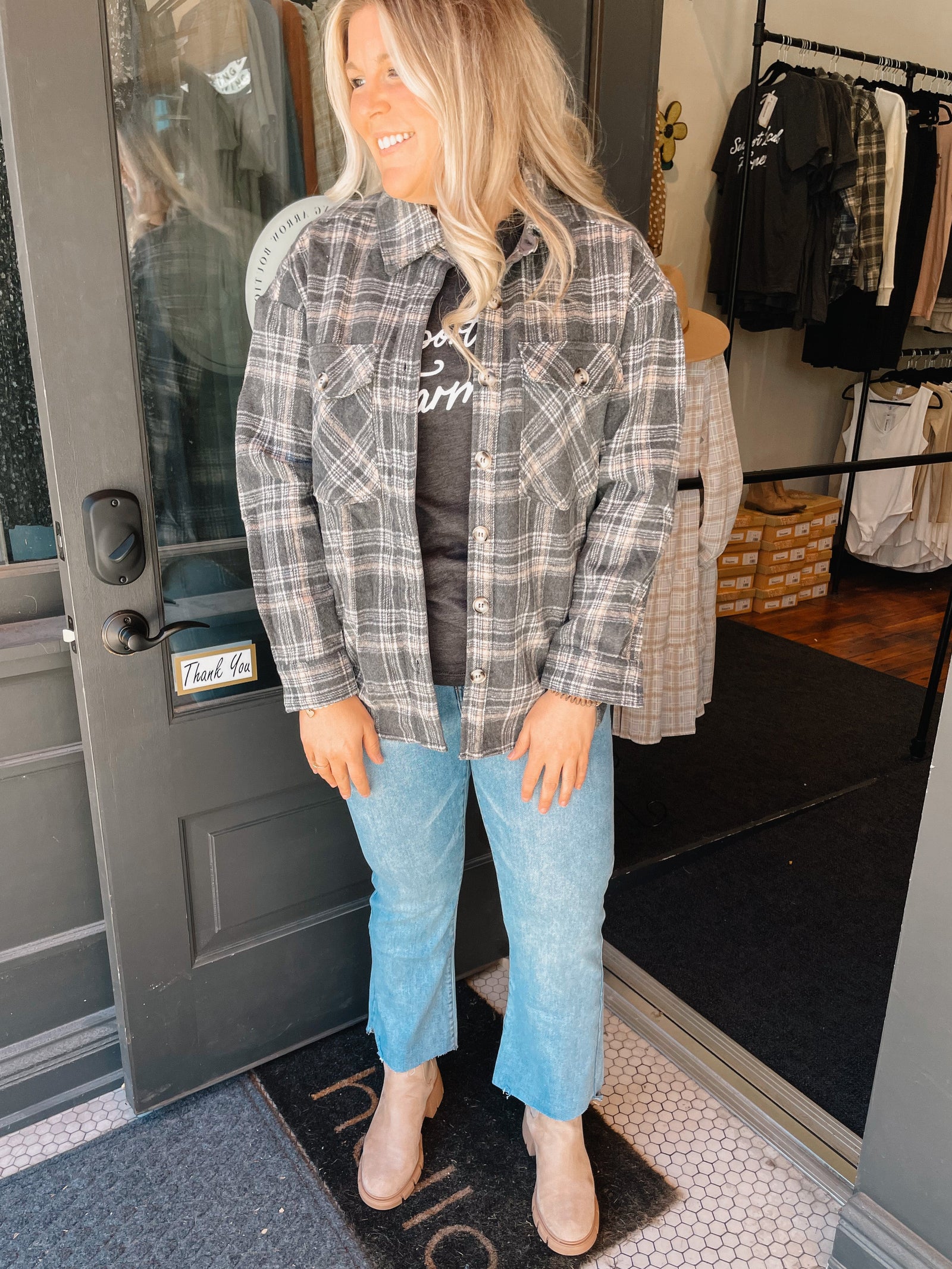 Charcoal Grey Plaid Shacket Cardigan In Loom 