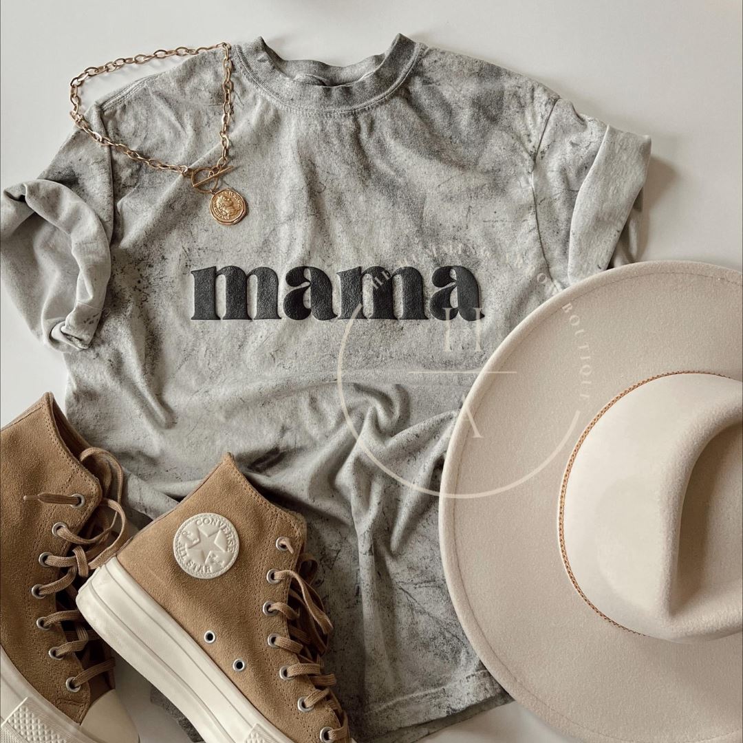 Black Acid Wash Mama 3D Puff Paint Graphic Tee Short sleeve Chaudoin Creations 