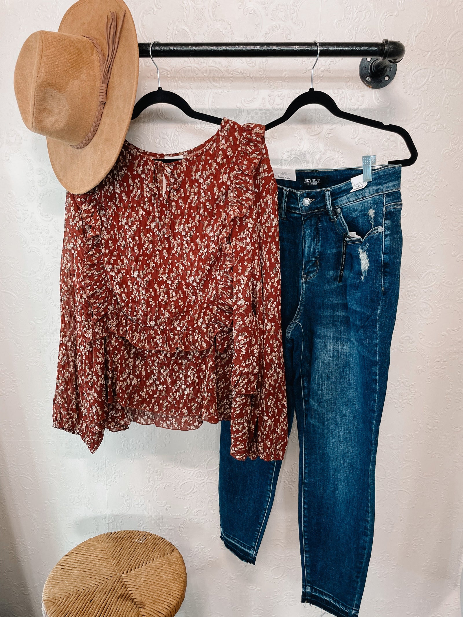 Burgundy Floral Ruffle Detail Top in Plus Long sleeve Hayden Los Angeles 