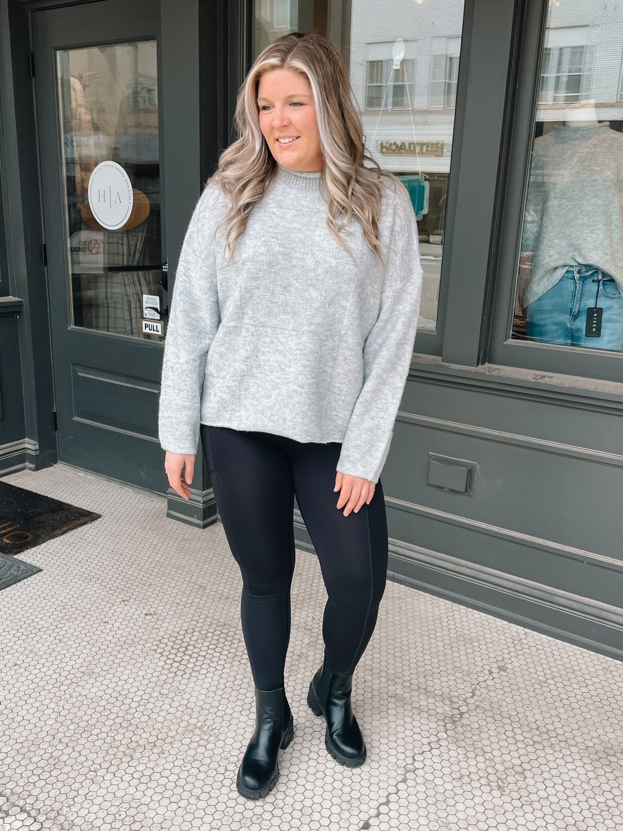 Heather Grey Mixed Pattern Patchwork Mock Neck Sweater Long sleeve aemi+co 