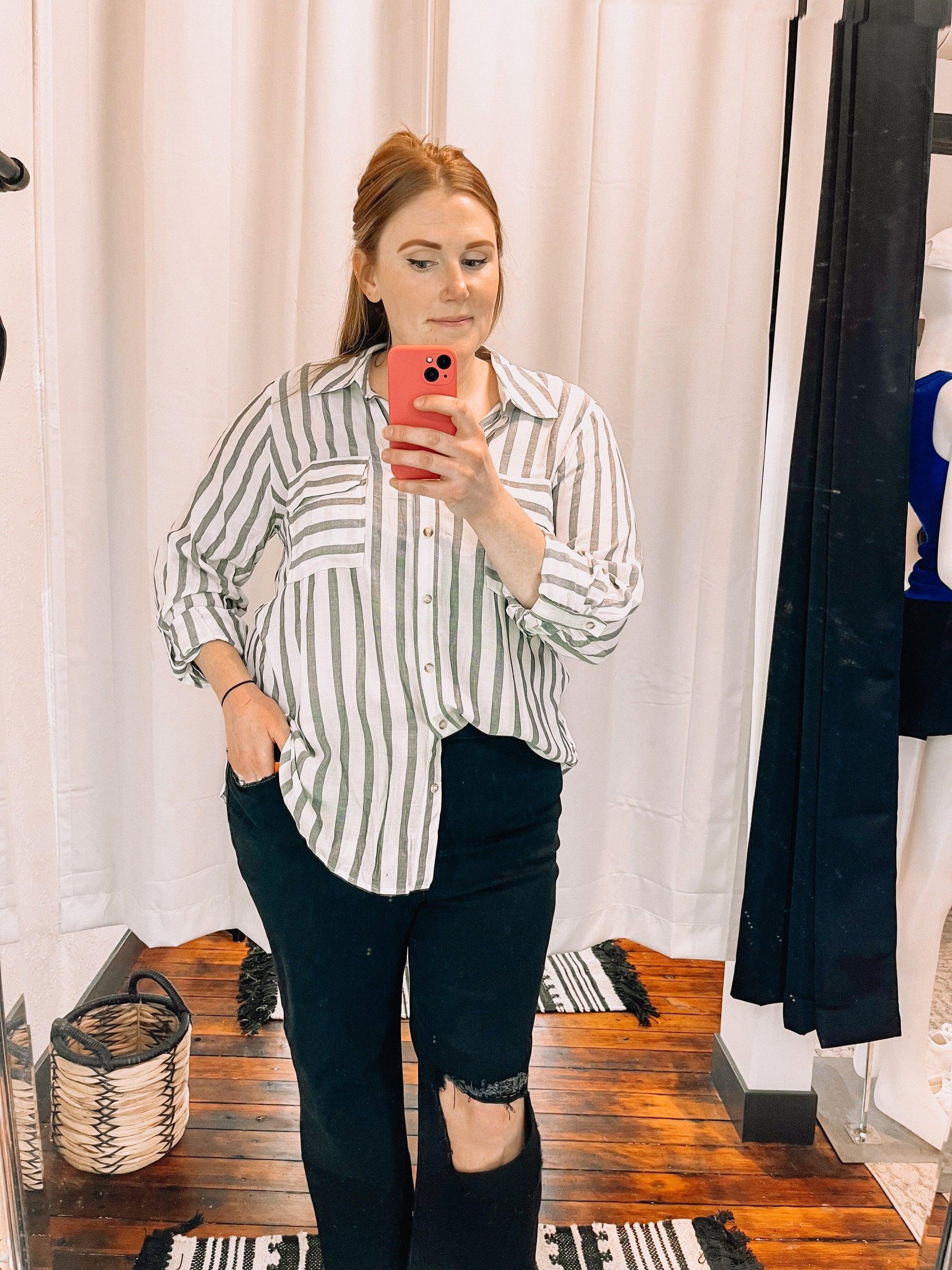 Black and White Striped Button Down Top up to Plus Long sleeve blu pepper 