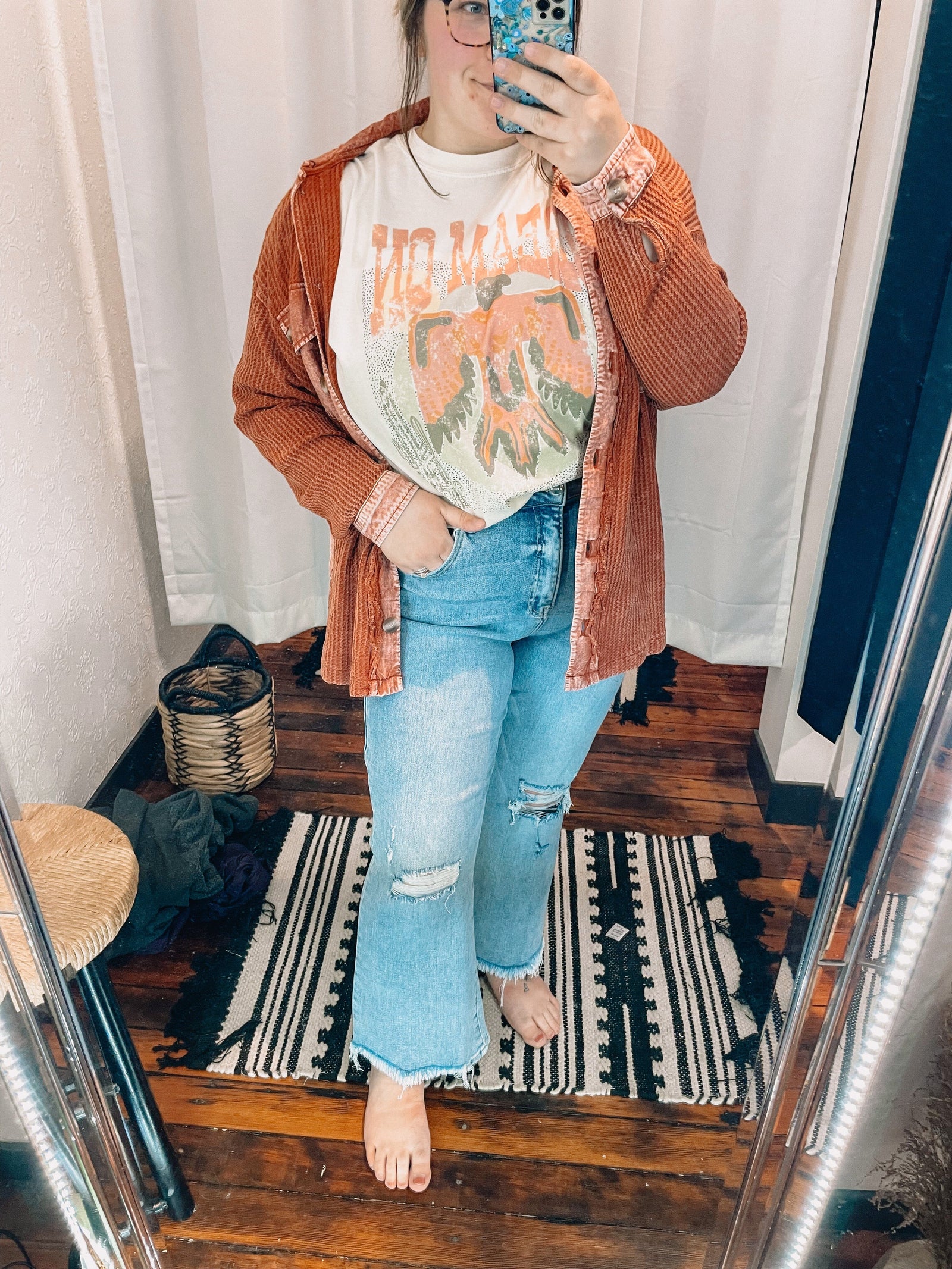 Copper Waffle Knit Acid Wash Shacket Cardigan Zenana 