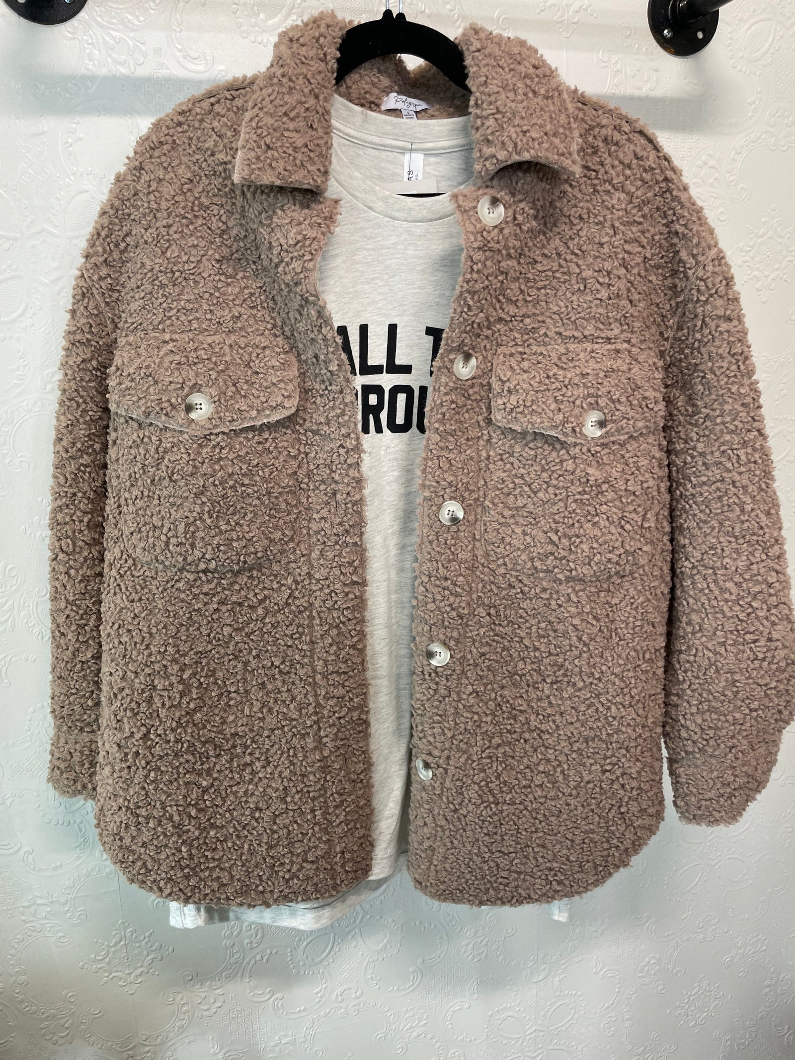 Mocha Teddy Sherpa Shacket Cardigan Polagram 