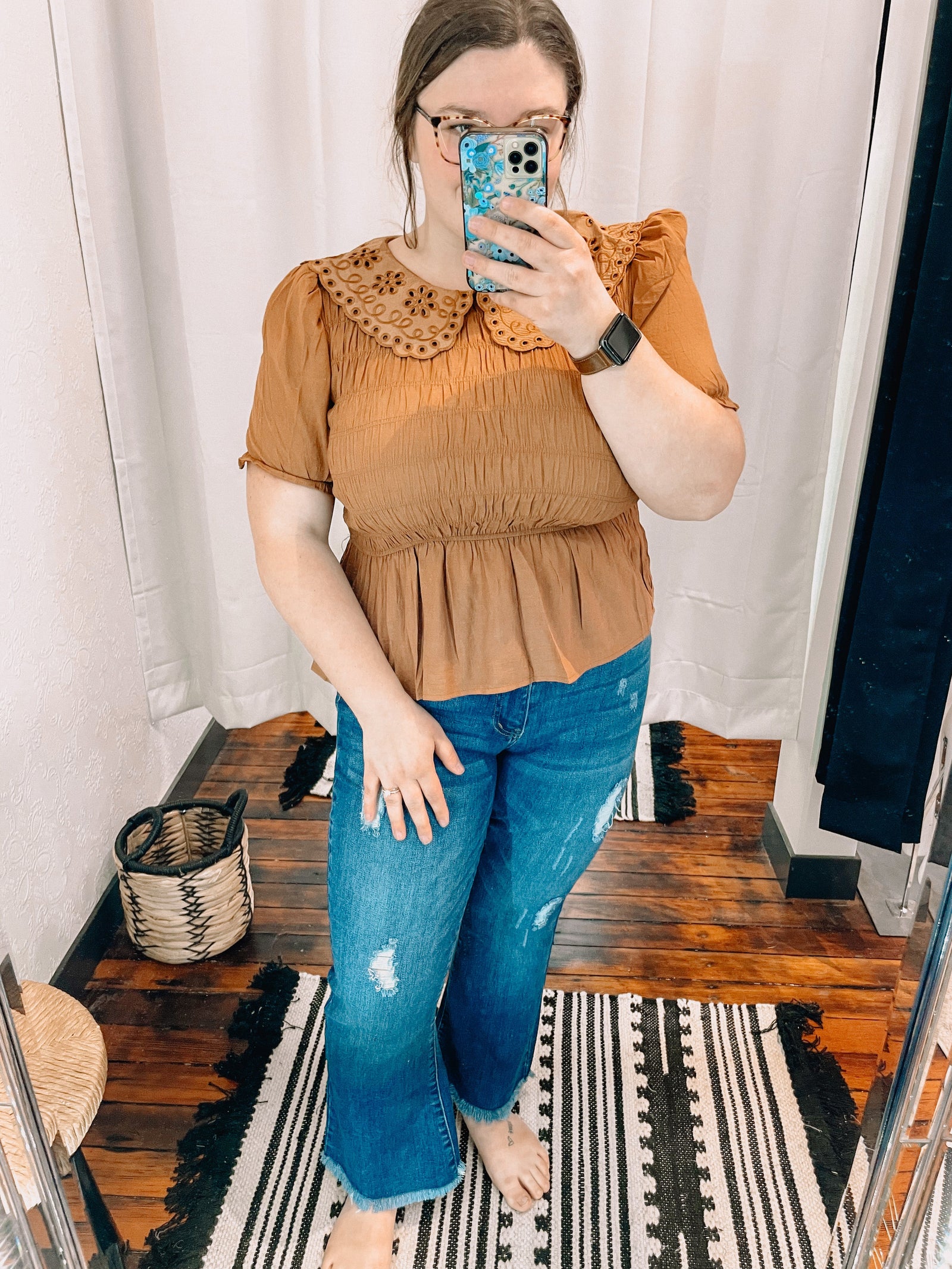 Tan Eyelet Crochet Detail Smocked Top blu pepper 